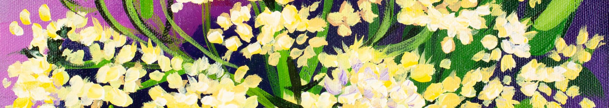 hand painted light yellow flowers with green foliage on a purple background