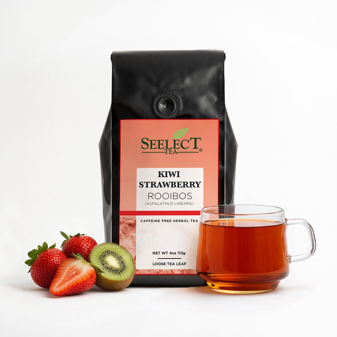 Seelect Tea Kiwi Strawberry Rooibos with a cup of tea and fruits on a white background