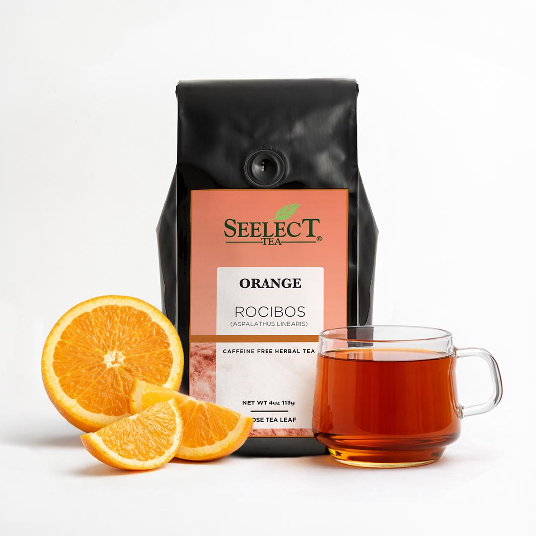 Seelect Tea Orange Rooibos package with a cup of tea and oranges on a white background