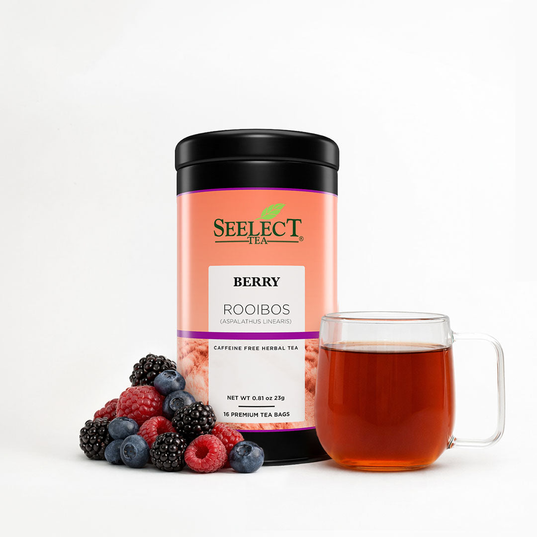 Seelect Tea berry rooibos tea package with a mug of tea and berries on a white background