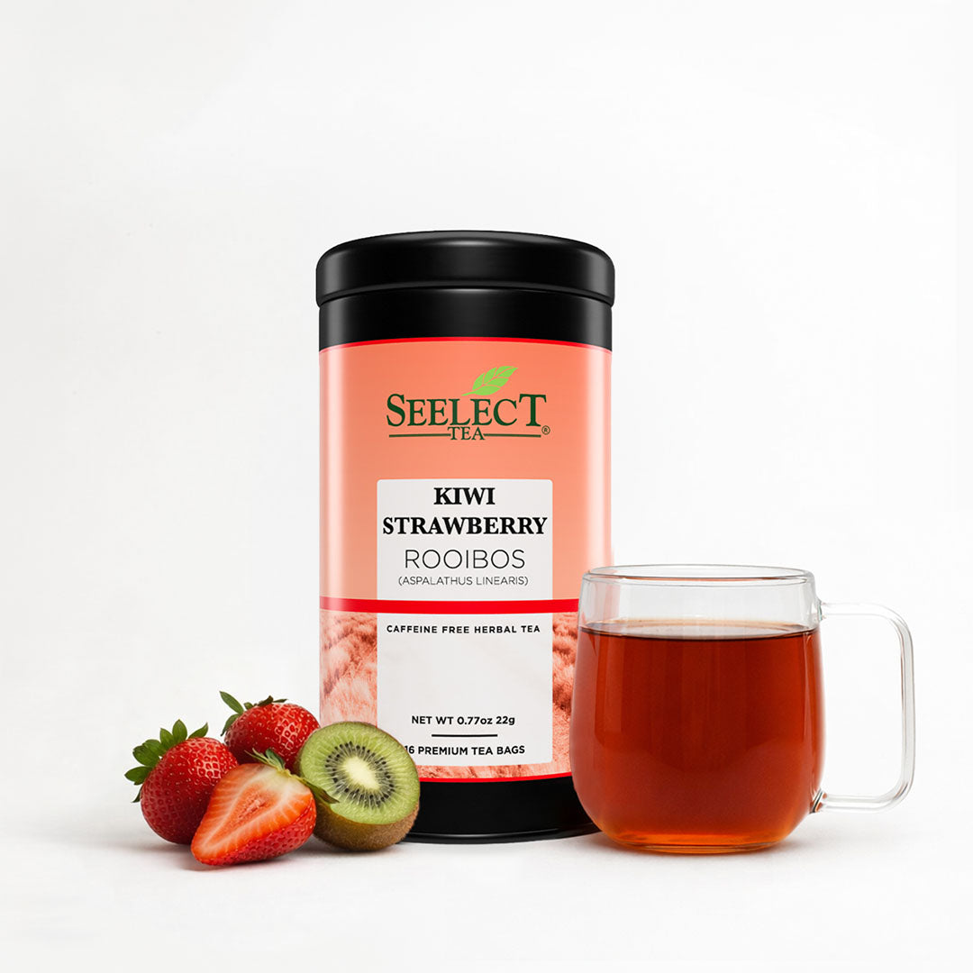 Tea package labeled 'Kiwi Strawberry Rooibos' with a glass of tea and fruits on a white background