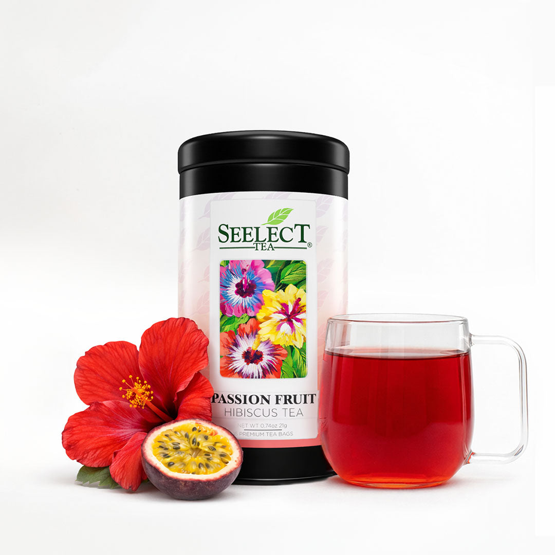 Seelect Tea passion fruit hibiscus tea packaging with a cup of tea and flowers on a white background
