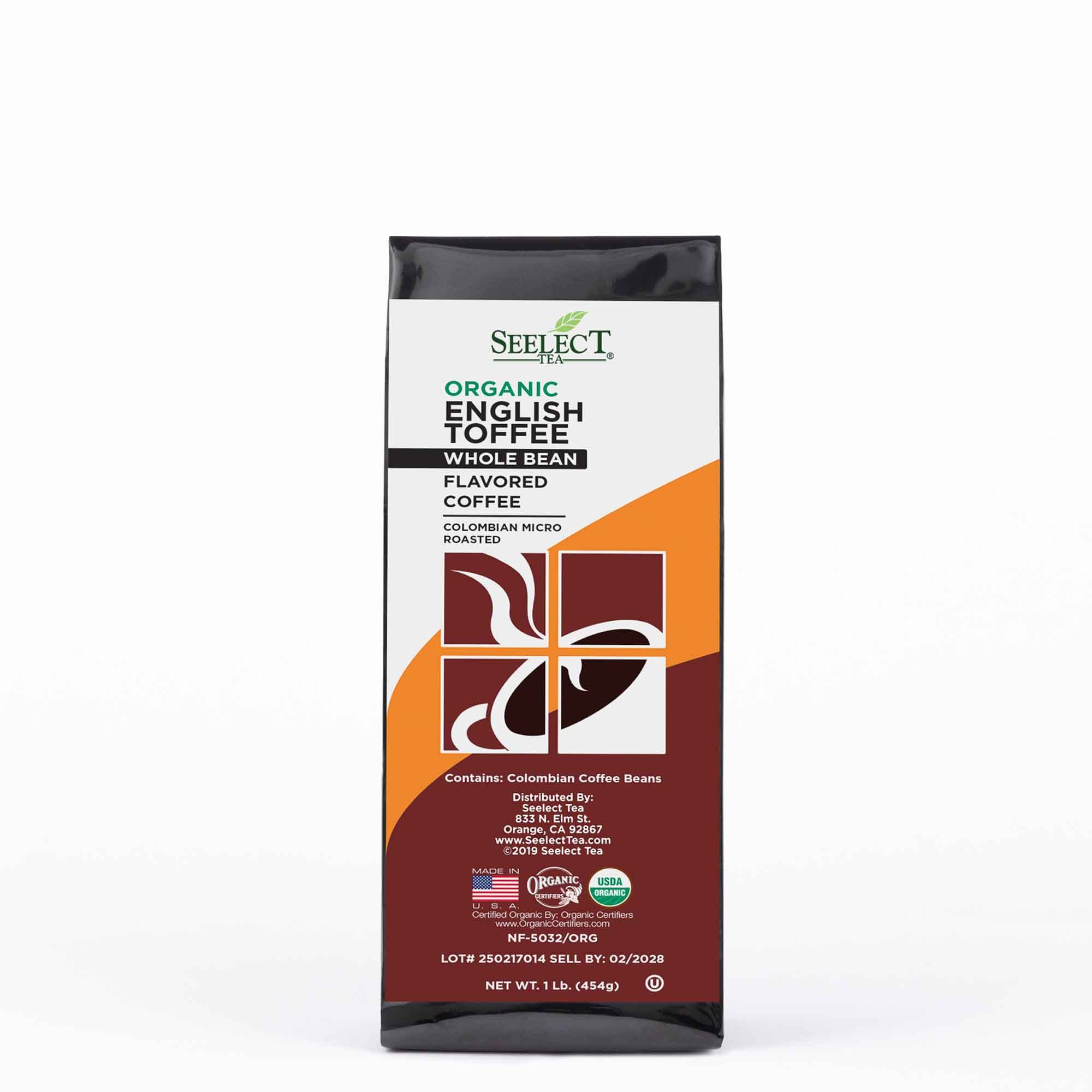 Package of Organic English Toffee Flavored Coffee Beans