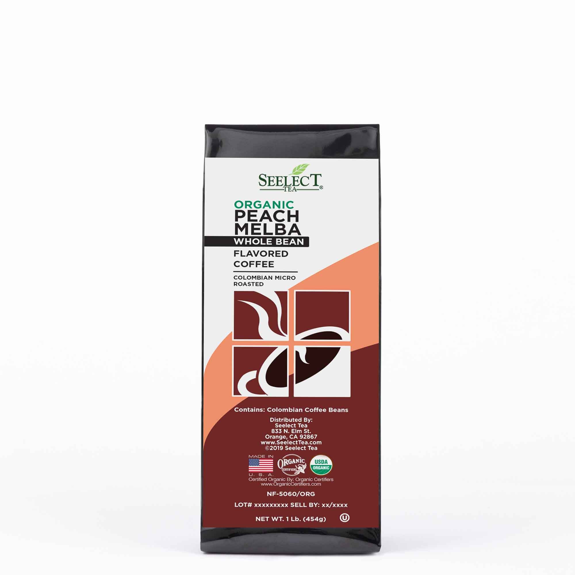 Package of Organic Peach Melba Flavored Coffee Beans
