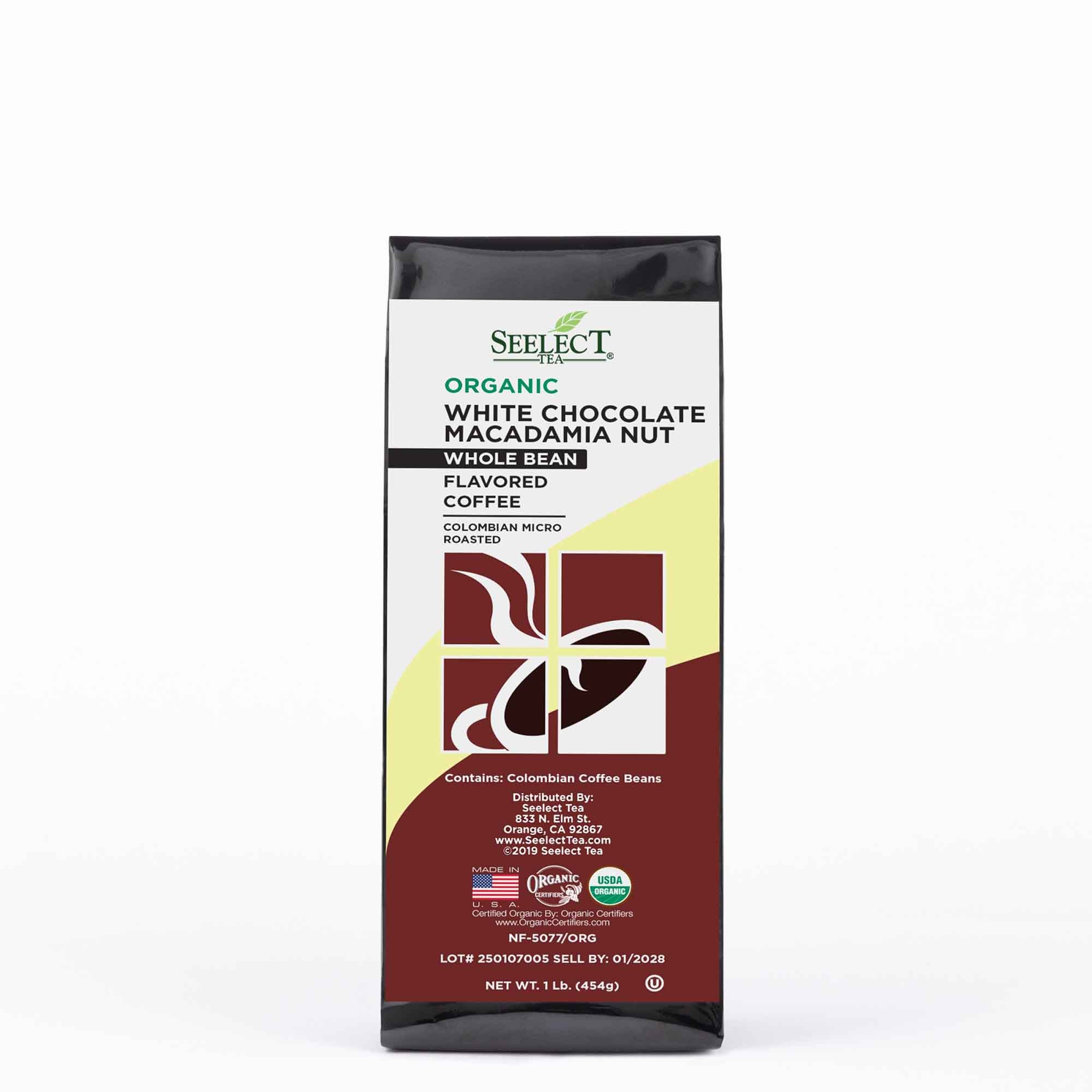 Package of Organic White Chocolate Macadamia Nut Flavored Coffee Beans