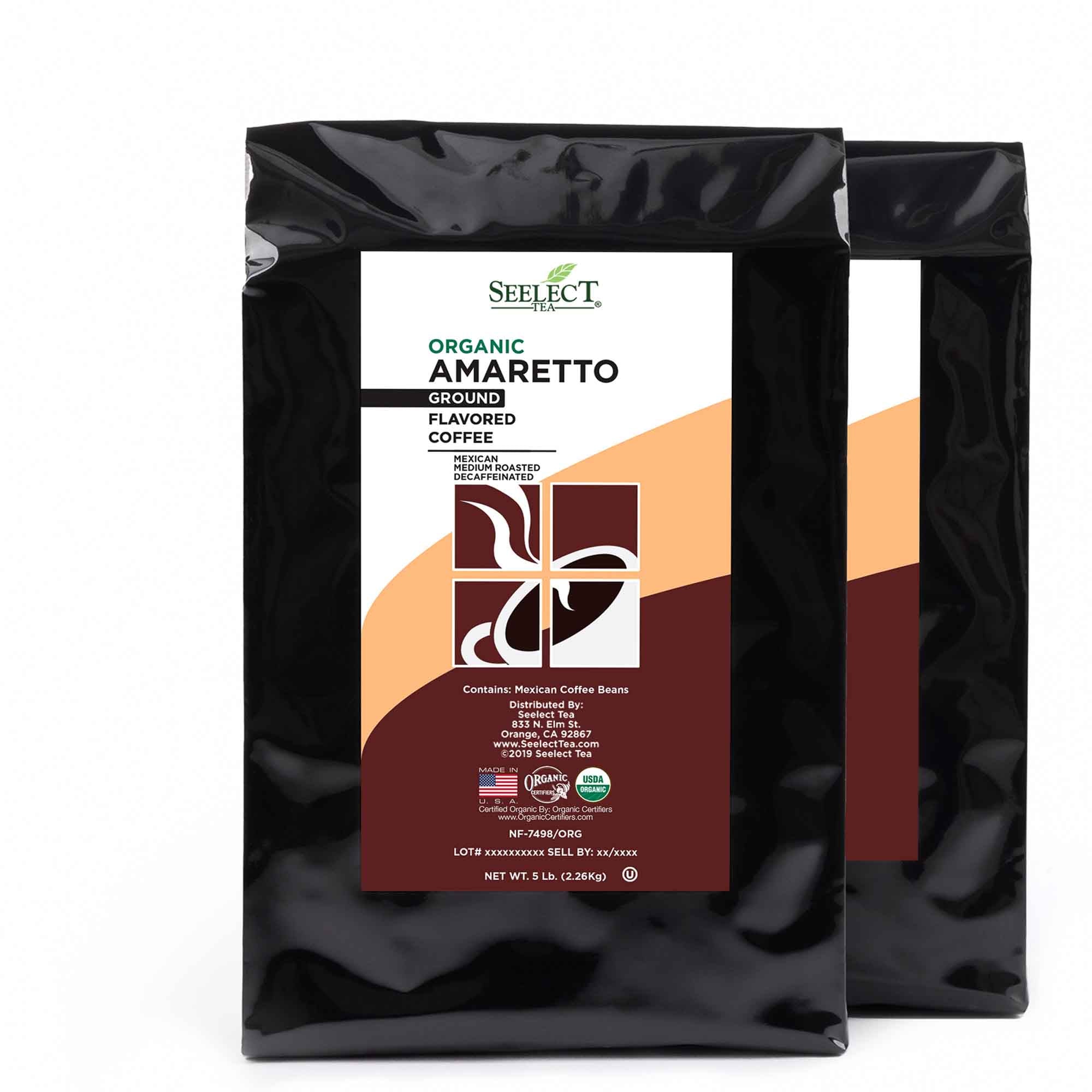 Package of Organic Decaf Amaretto Flavored Coffee Beans