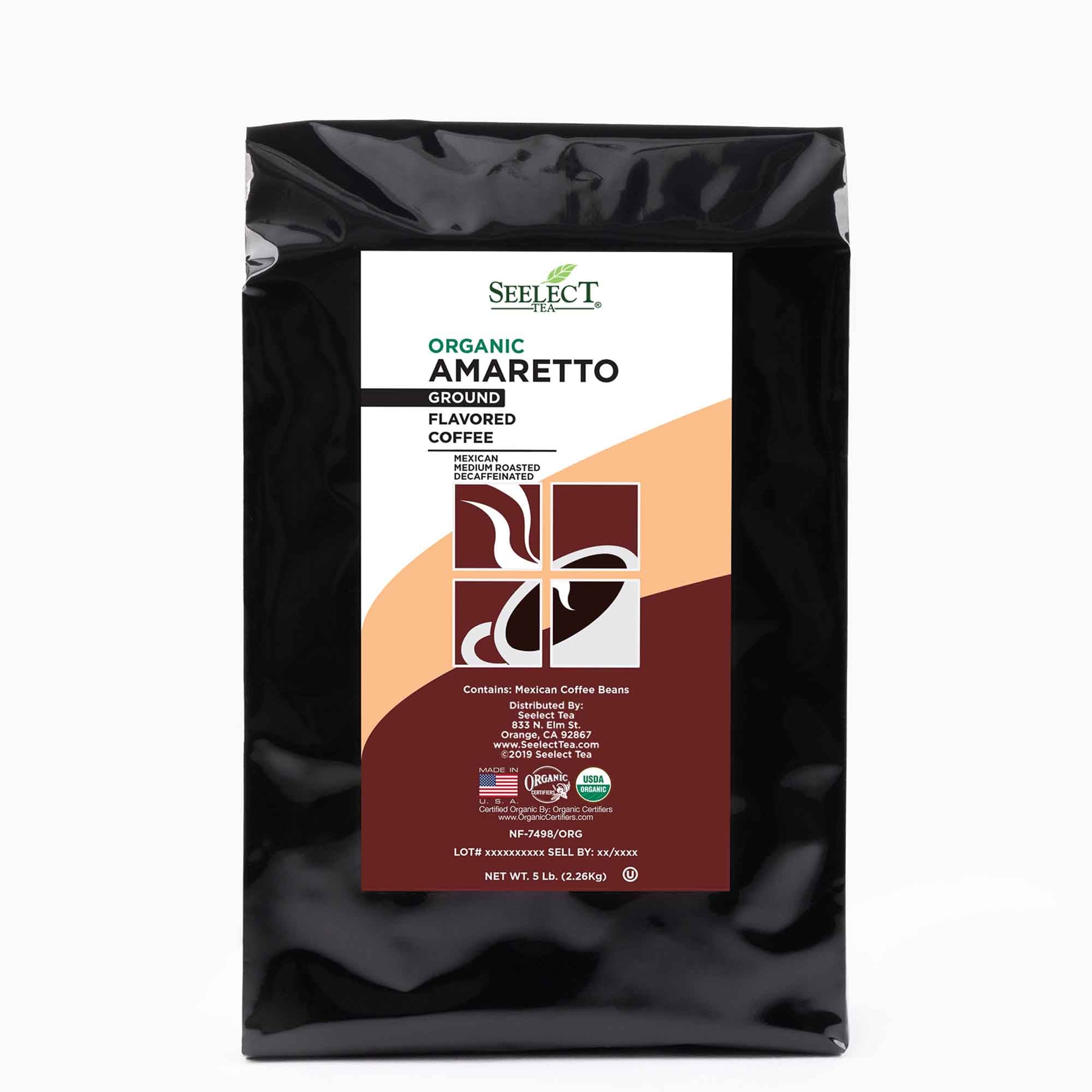 Package of Organic Decaf Amaretto Flavored Coffee Beans
