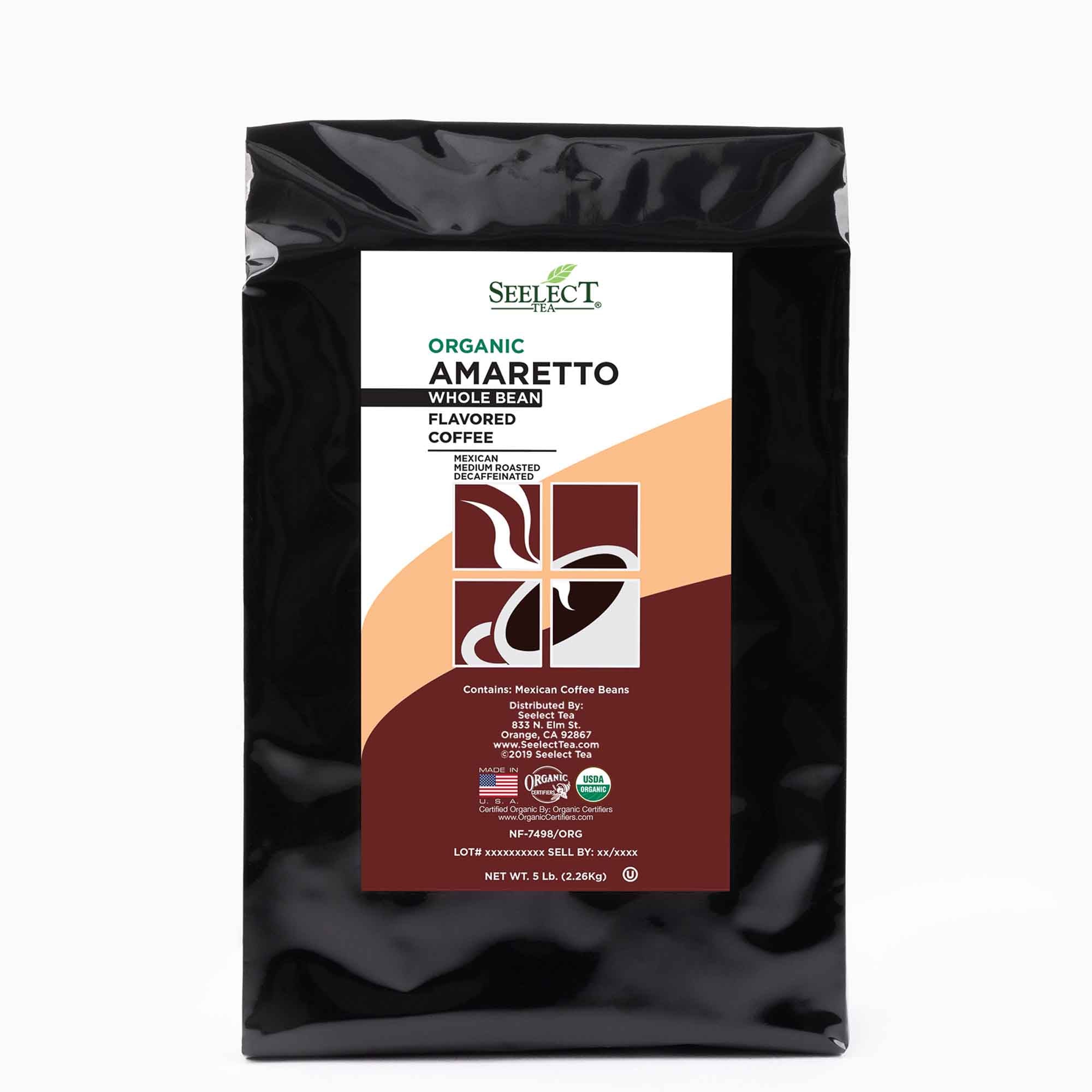 Package of Organic Decaf Amaretto Flavored Coffee Beans