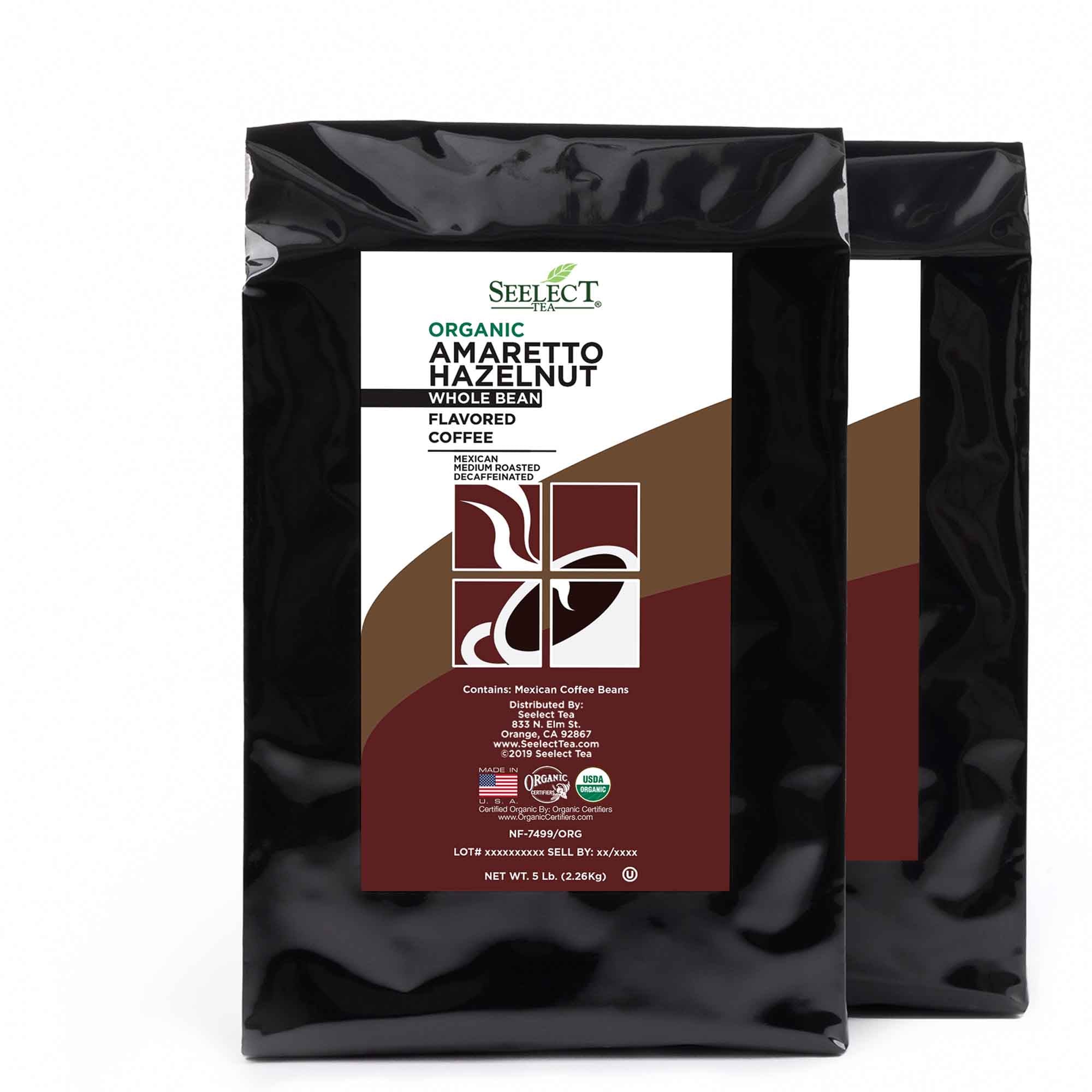 Package of Organic Decaf Amaretto Hazelnut Flavored Coffee Beans