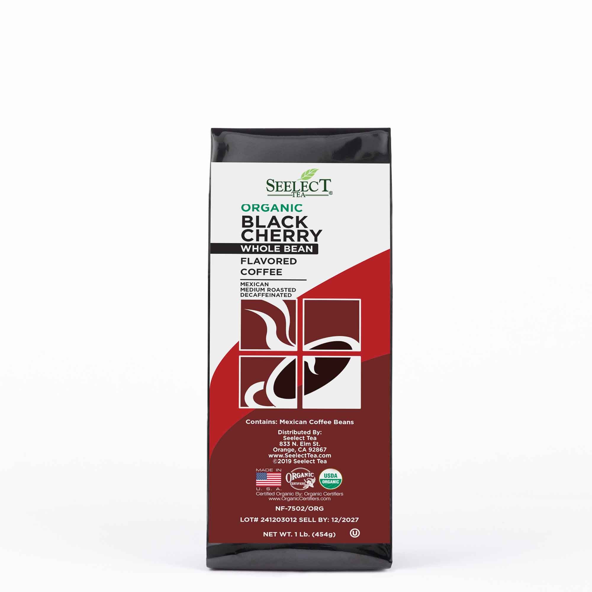 Package of Organic Decaf Black Cherry Flavored Coffee Beans