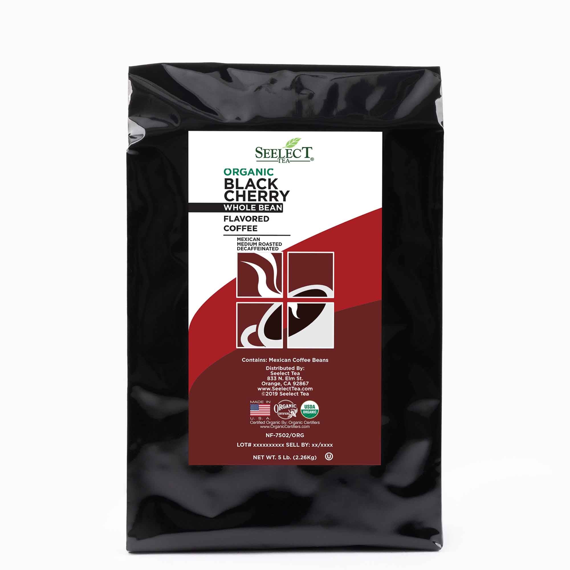 Package of Organic Decaf Black Cherry Flavored Coffee Beans