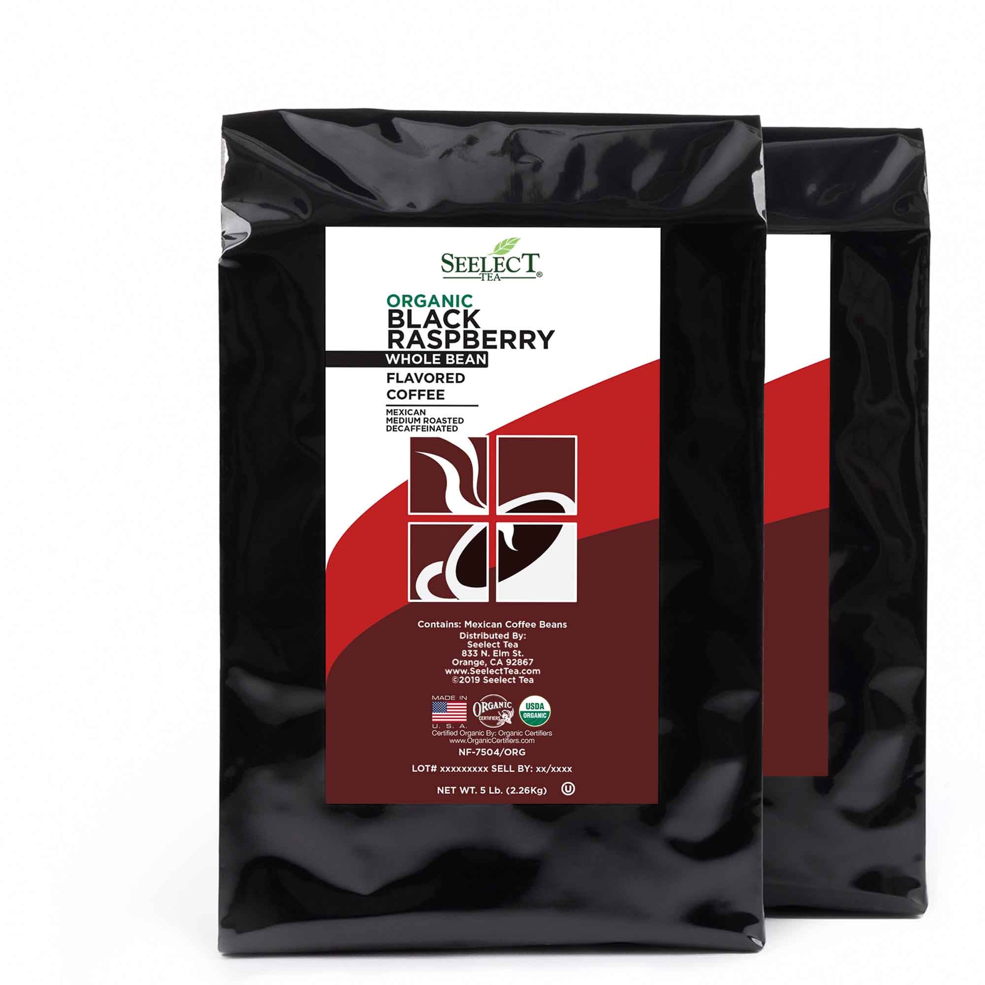 Package of Organic Decaf Black Raspberry Flavored Coffee Beans