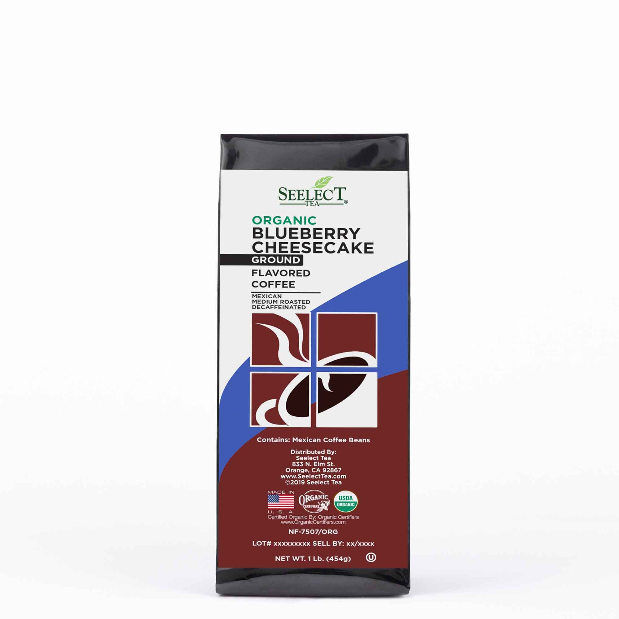 Package of Organic Decaf Blueberry Cheesecake Flavored Coffee Beans