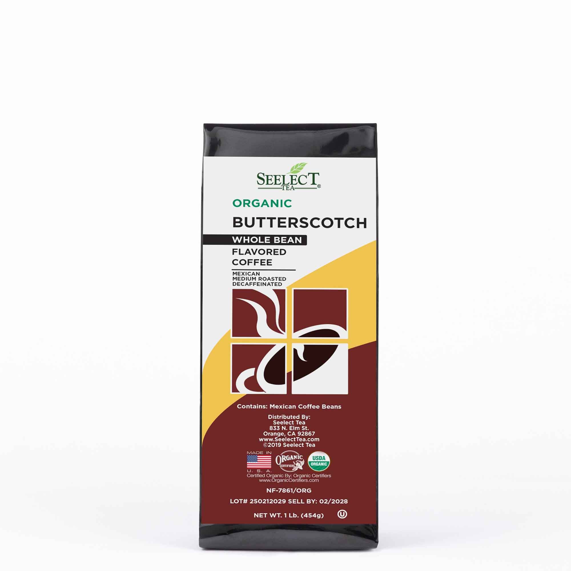 Package of Organic Decaf Butterscotch Flavored Coffee Beans