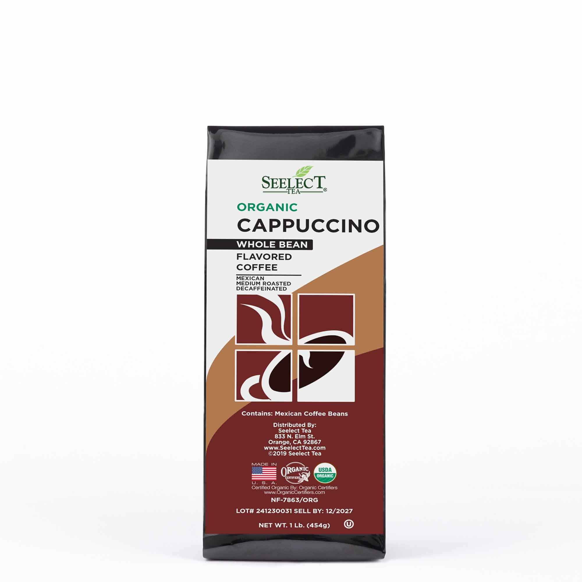 Package of Organic Decaf Cappuccino Flavored Coffee Beans