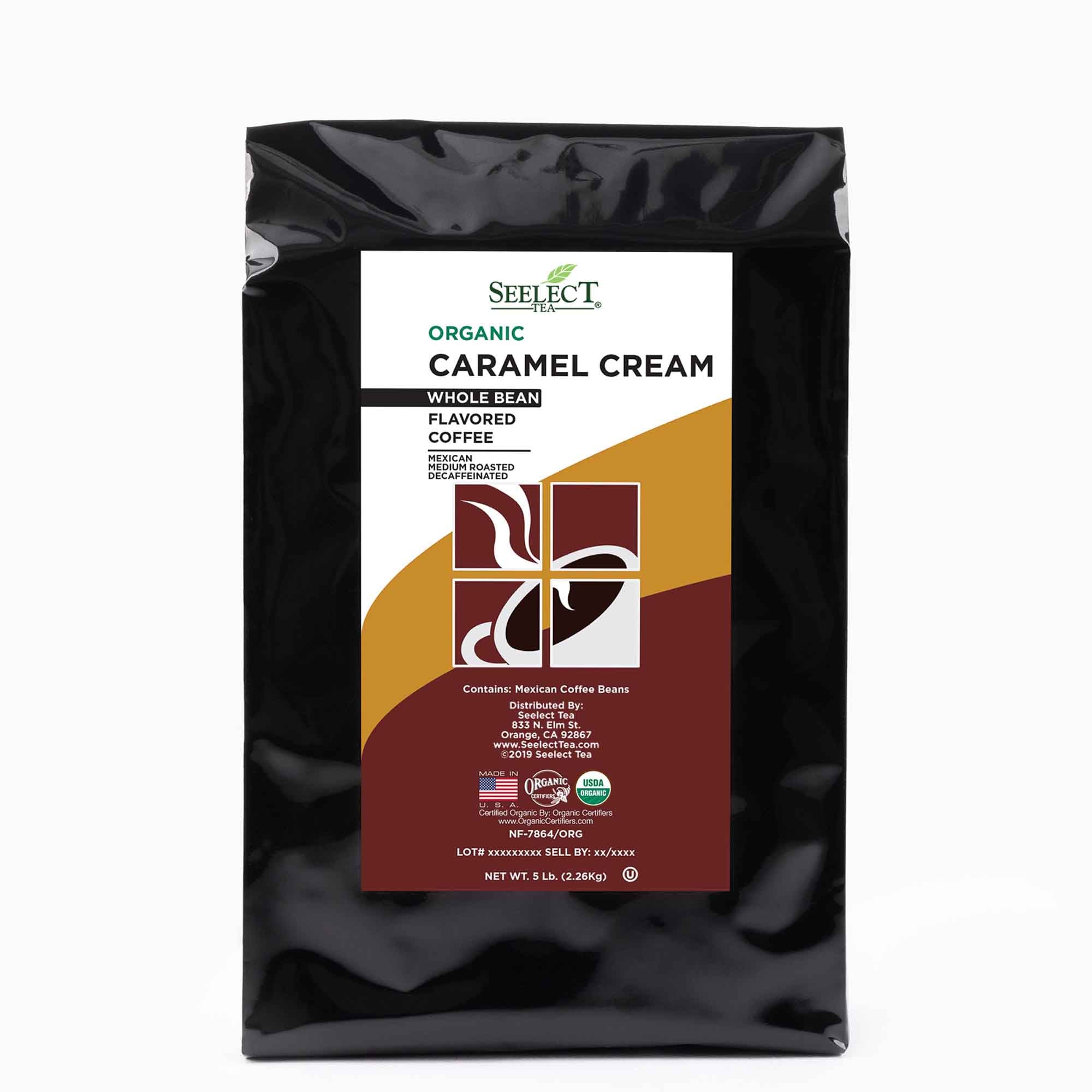 Package of Organic Decaf Caramel Cream Flavored Coffee Beans