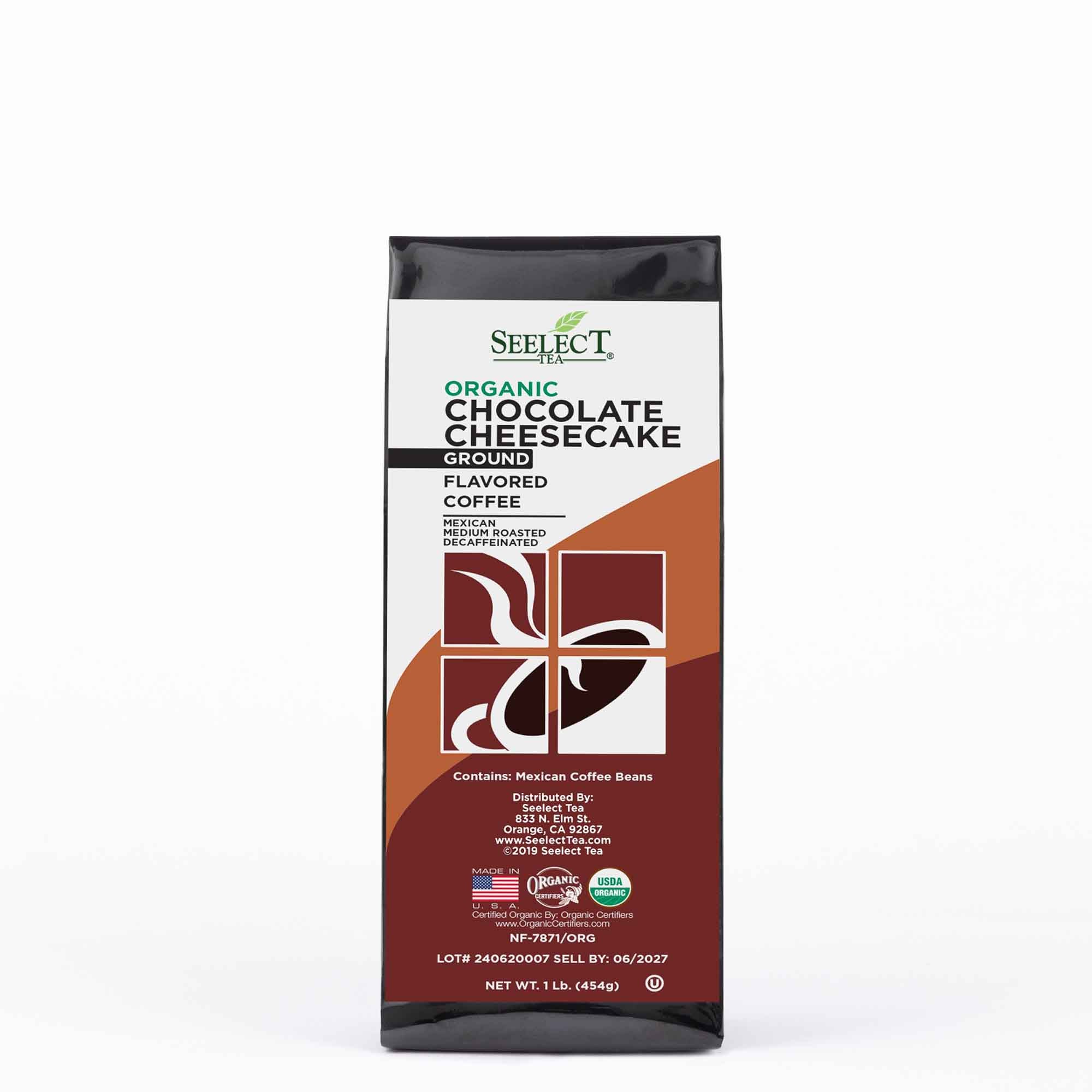 Package of Organic Decaf Chocolate Cheesecake Flavored Coffee Beans