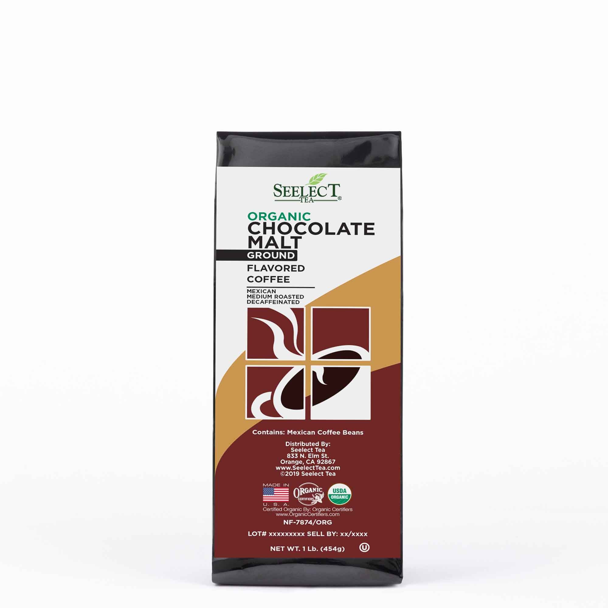 Package of Organic Decaf Chocolate Malt Flavored Coffee Beans