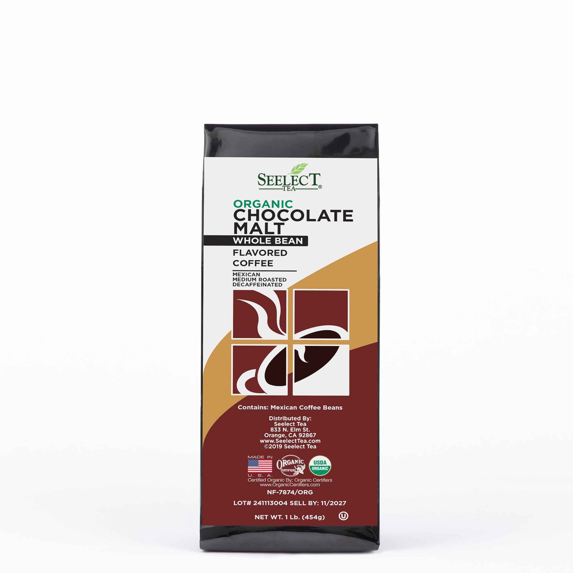 Package of Organic Decaf Chocolate Malt Flavored Coffee Beans