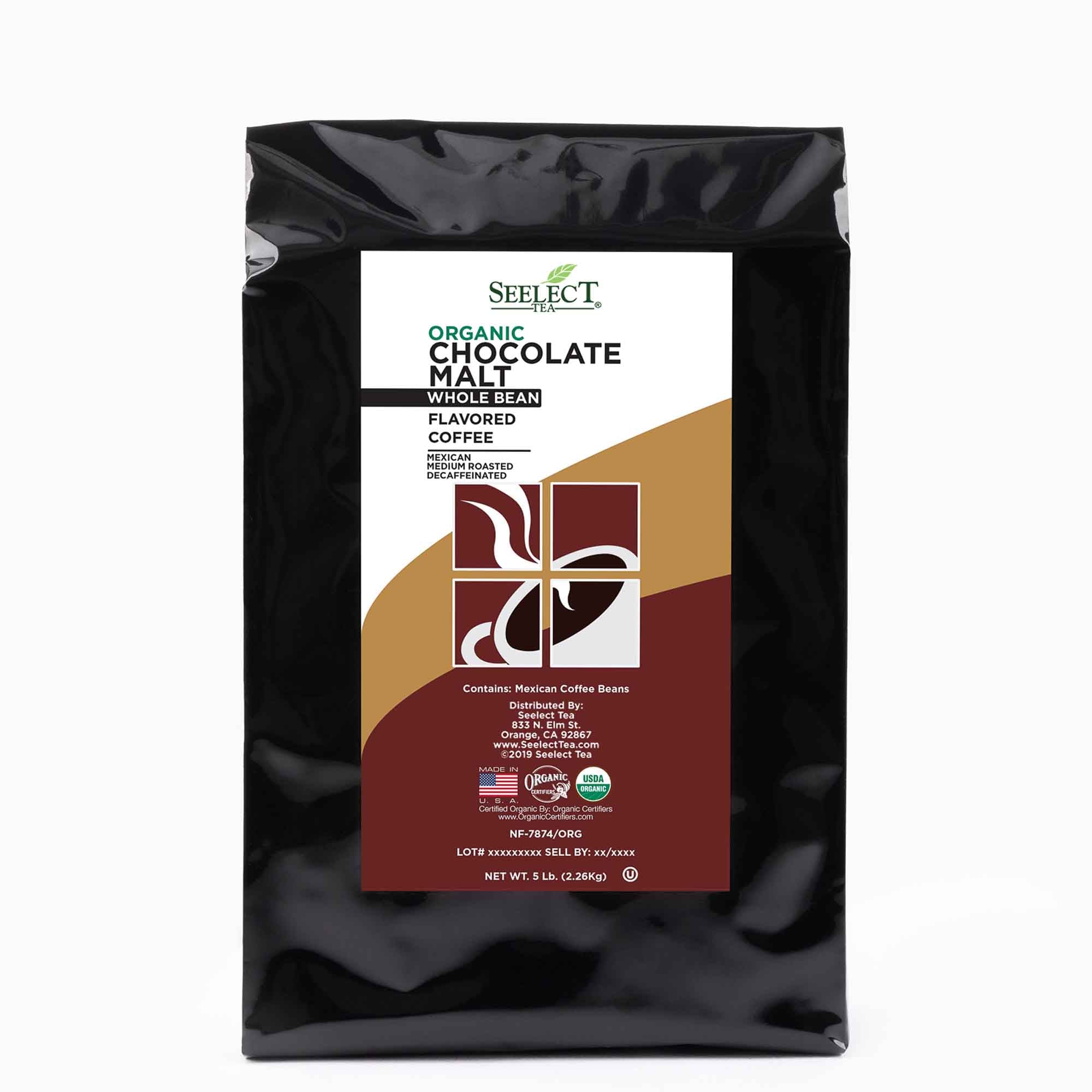 Package of Organic Decaf Chocolate Malt Flavored Coffee Beans
