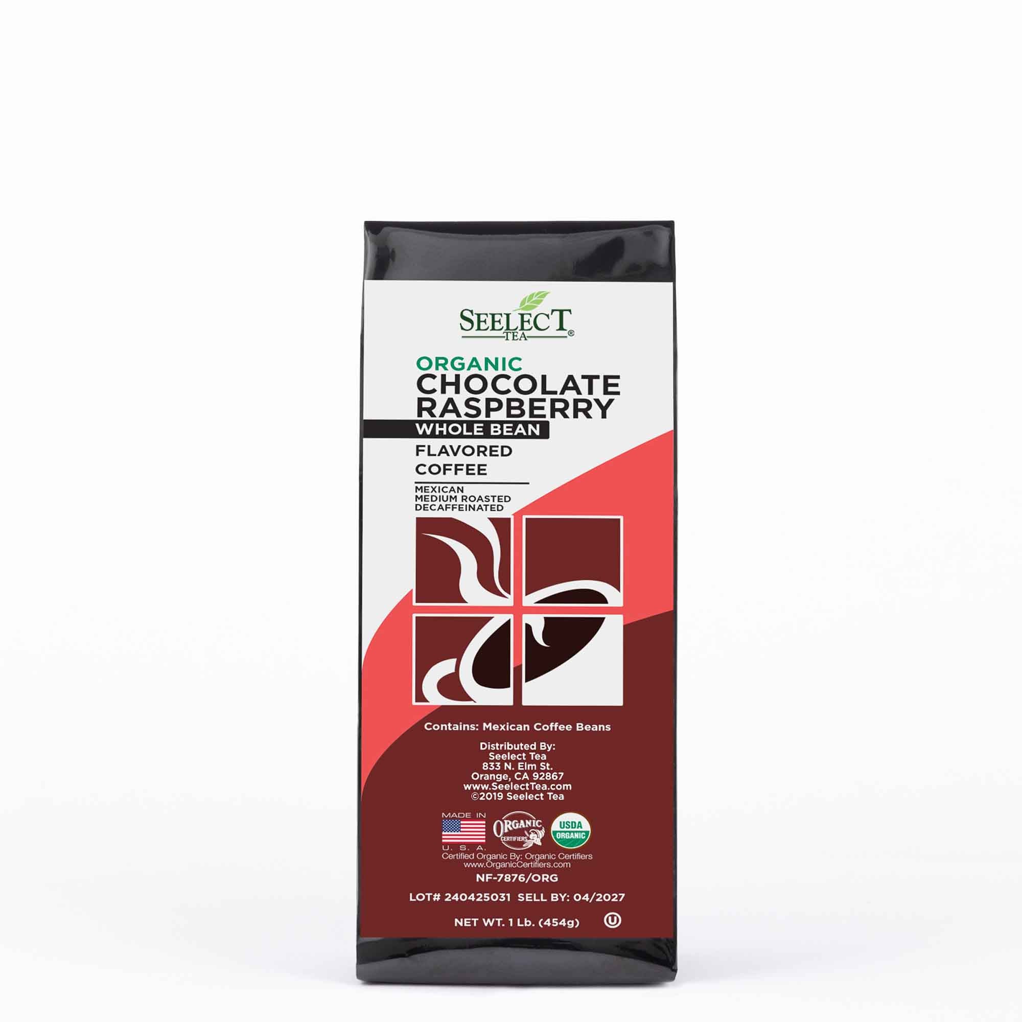 Package of Organic Decaf Chocolate Raspberry Flavored Coffee Beans
