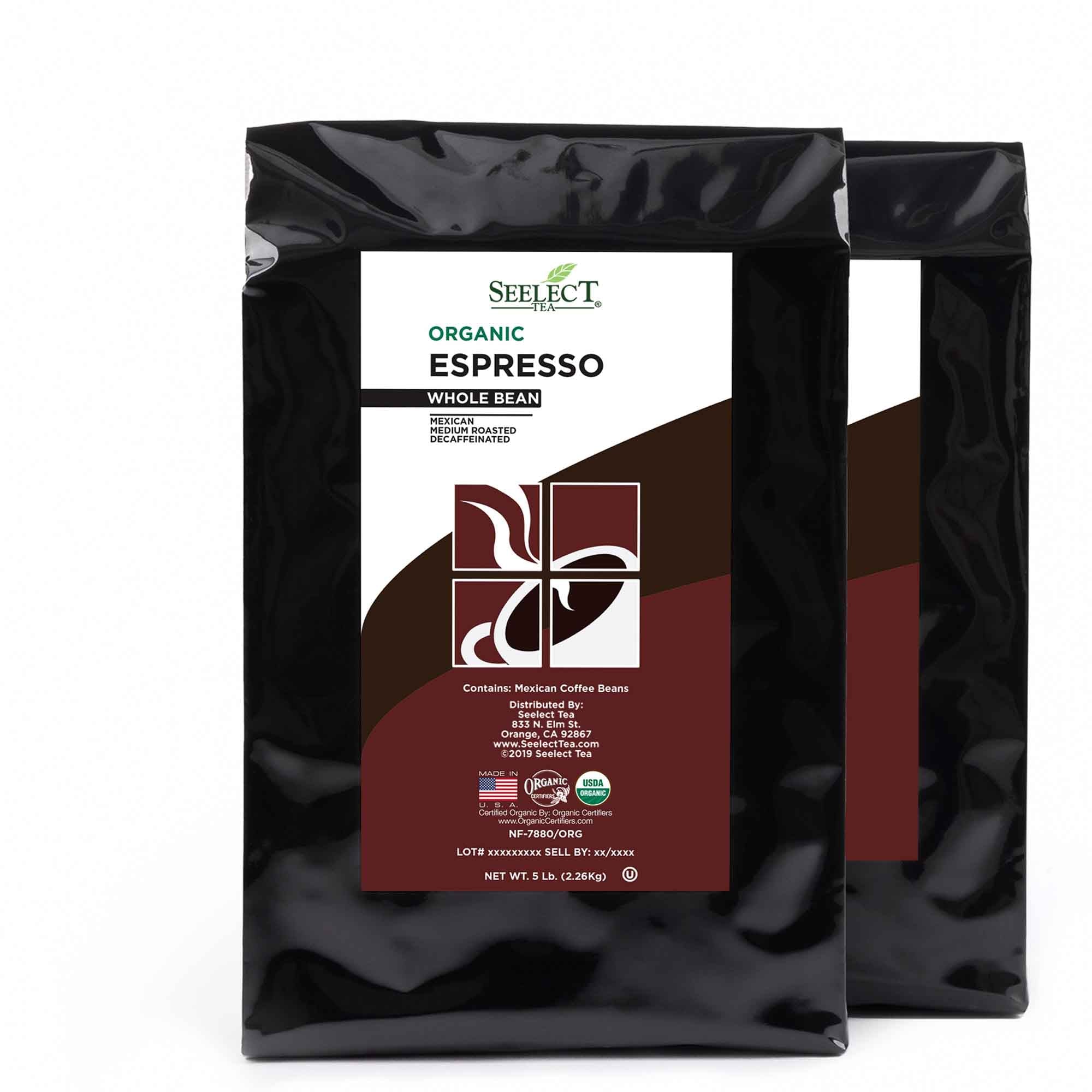 Package of Organic Decaf Espresso Flavored Coffee Beans