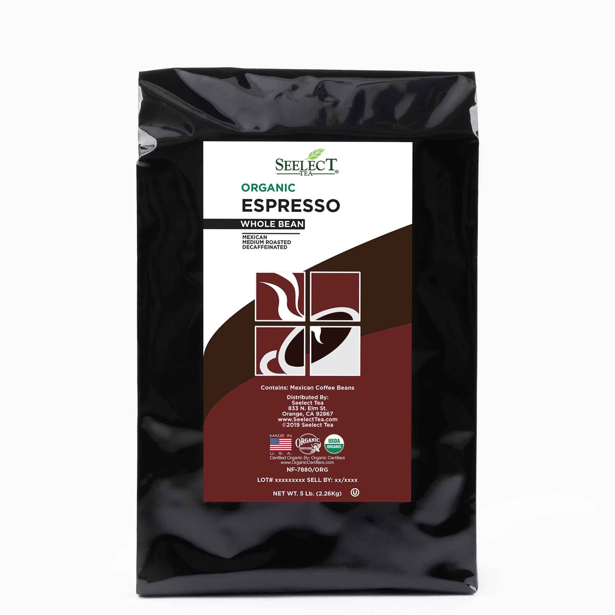Package of Organic Decaf Espresso Flavored Coffee Beans