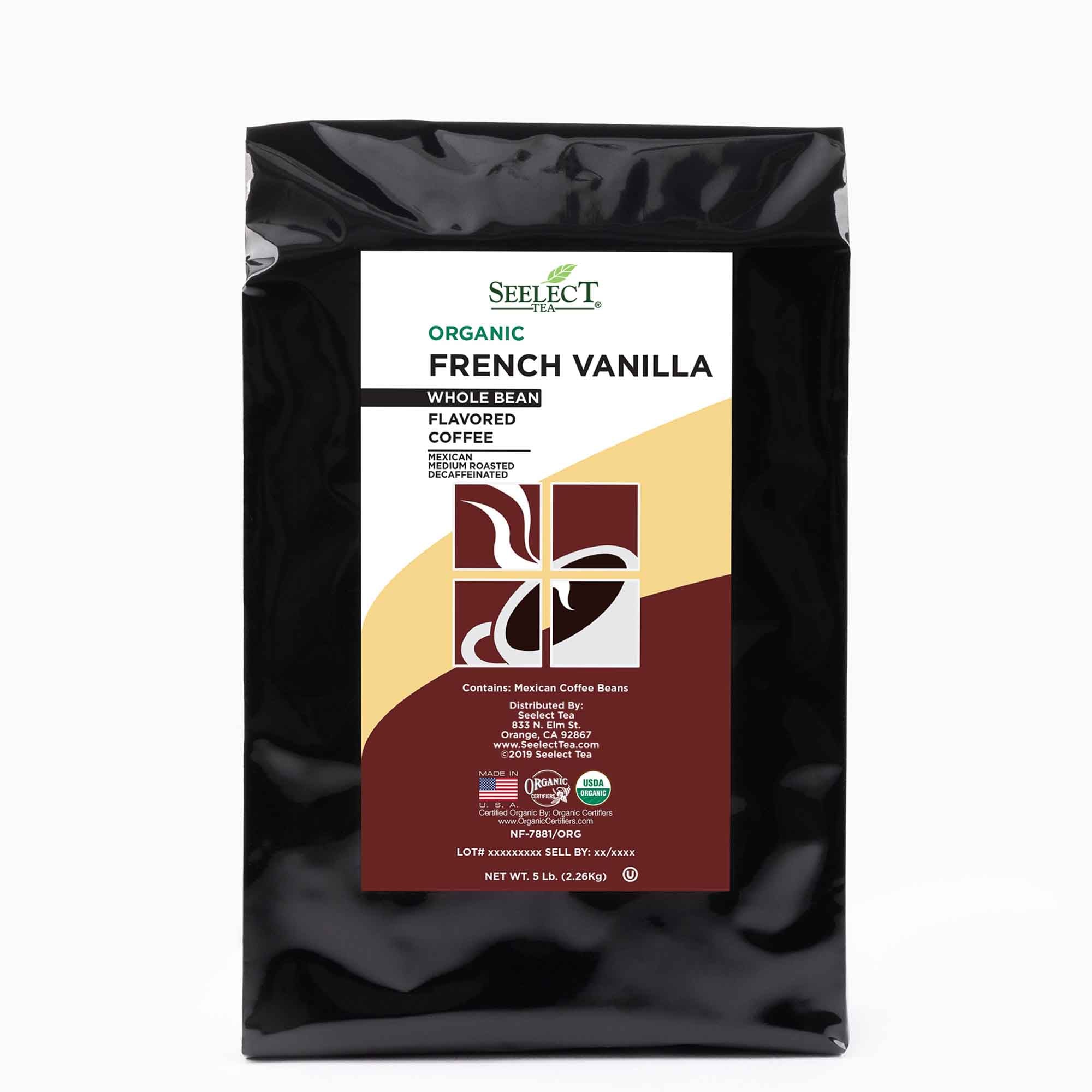 Package of Organic Decaf French Vanilla Flavored Coffee Beans