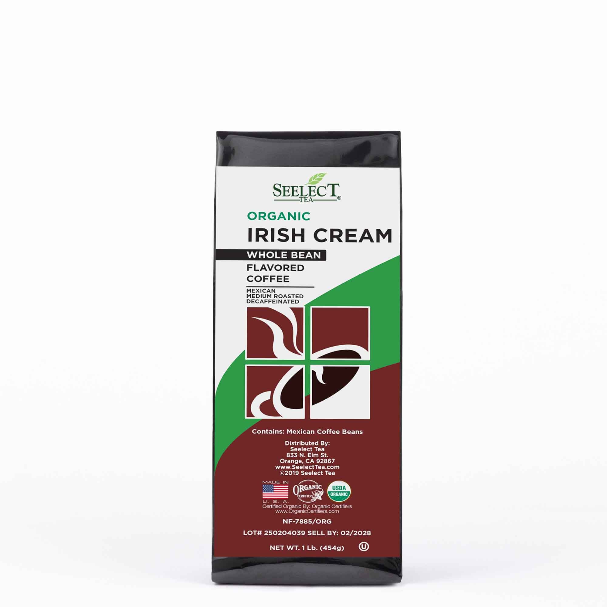 Package of Organic Decaf Irish Cream Flavored Coffee Beans