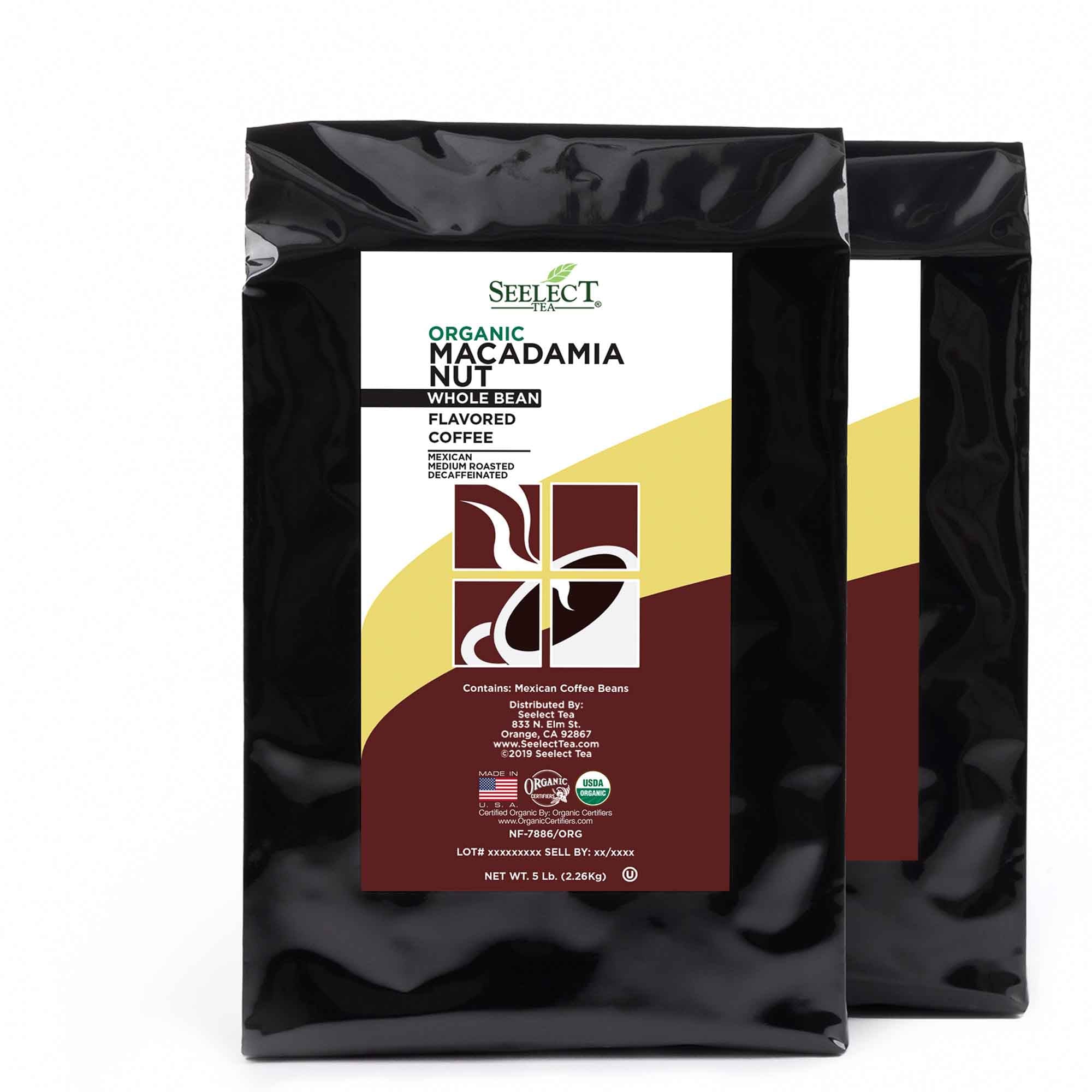 Package of Organic Decaf Macadamia Nut Flavored Coffee Beans