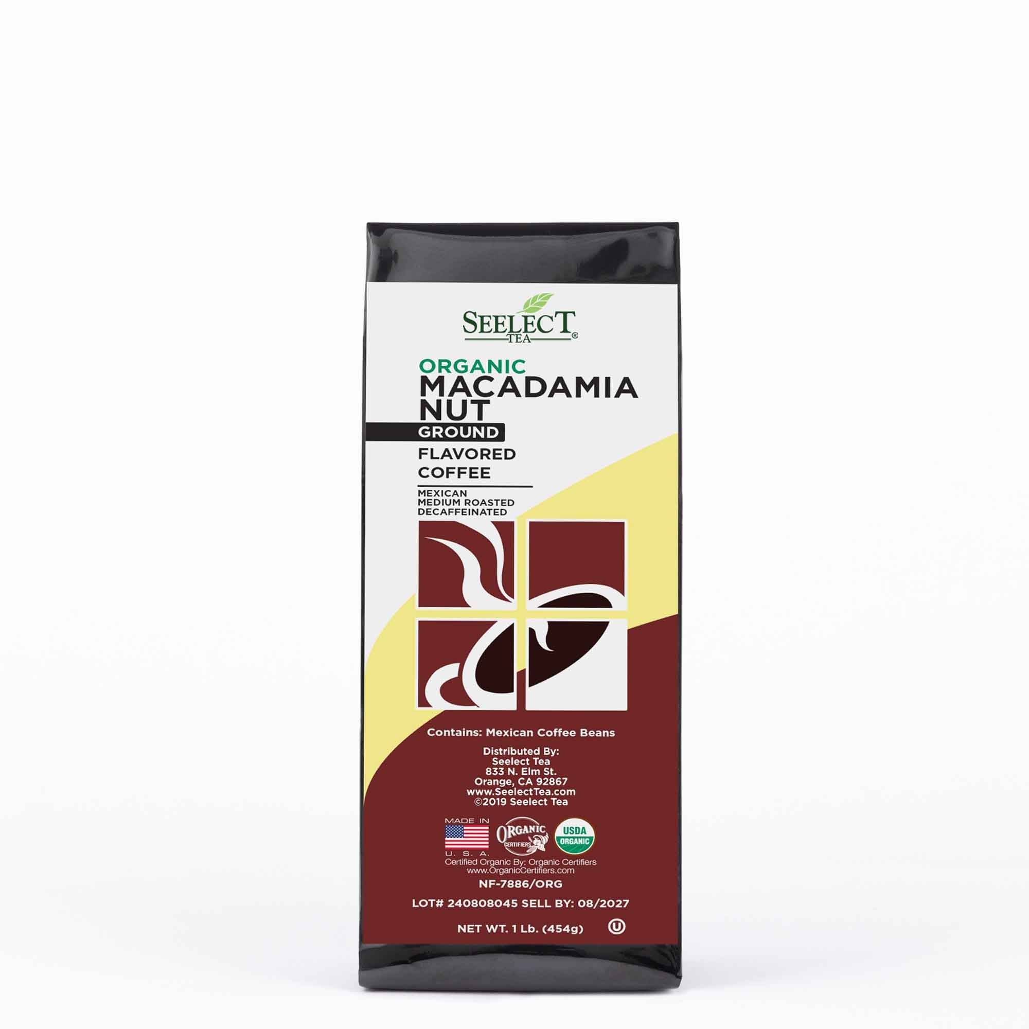 Package of Organic Decaf Macadamia Nut Flavored Coffee Beans