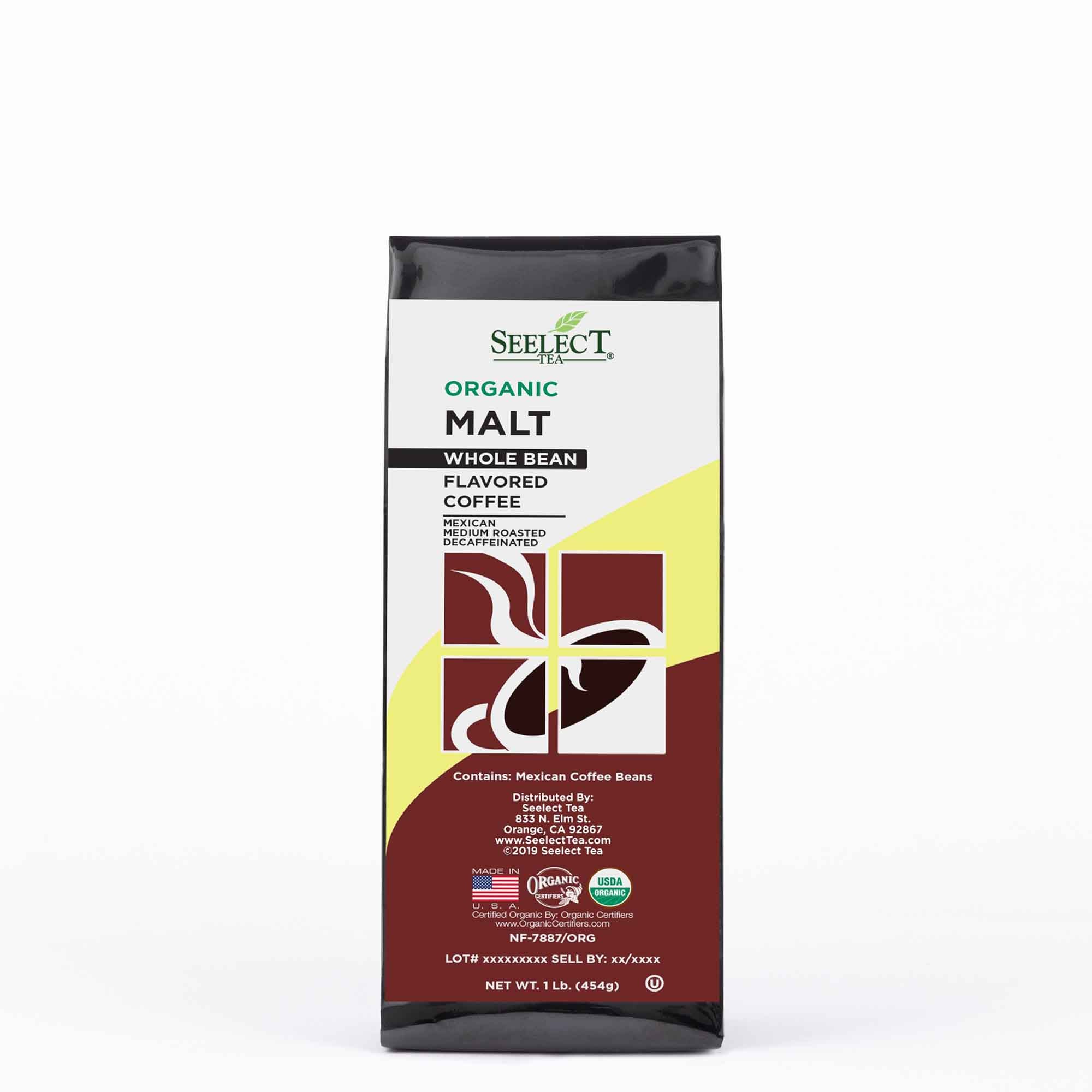 Package of Organic Decaf Malt Flavored Coffee Beans