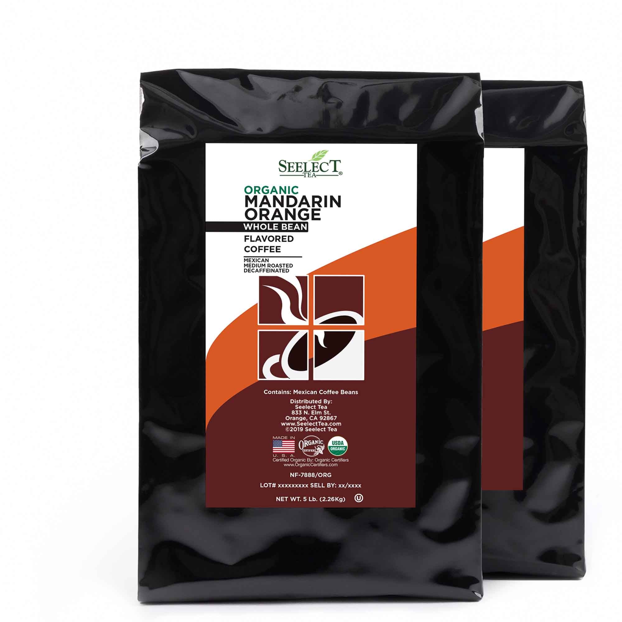 Package of Organic Decaf Mandarin Orange Flavored Coffee Beans