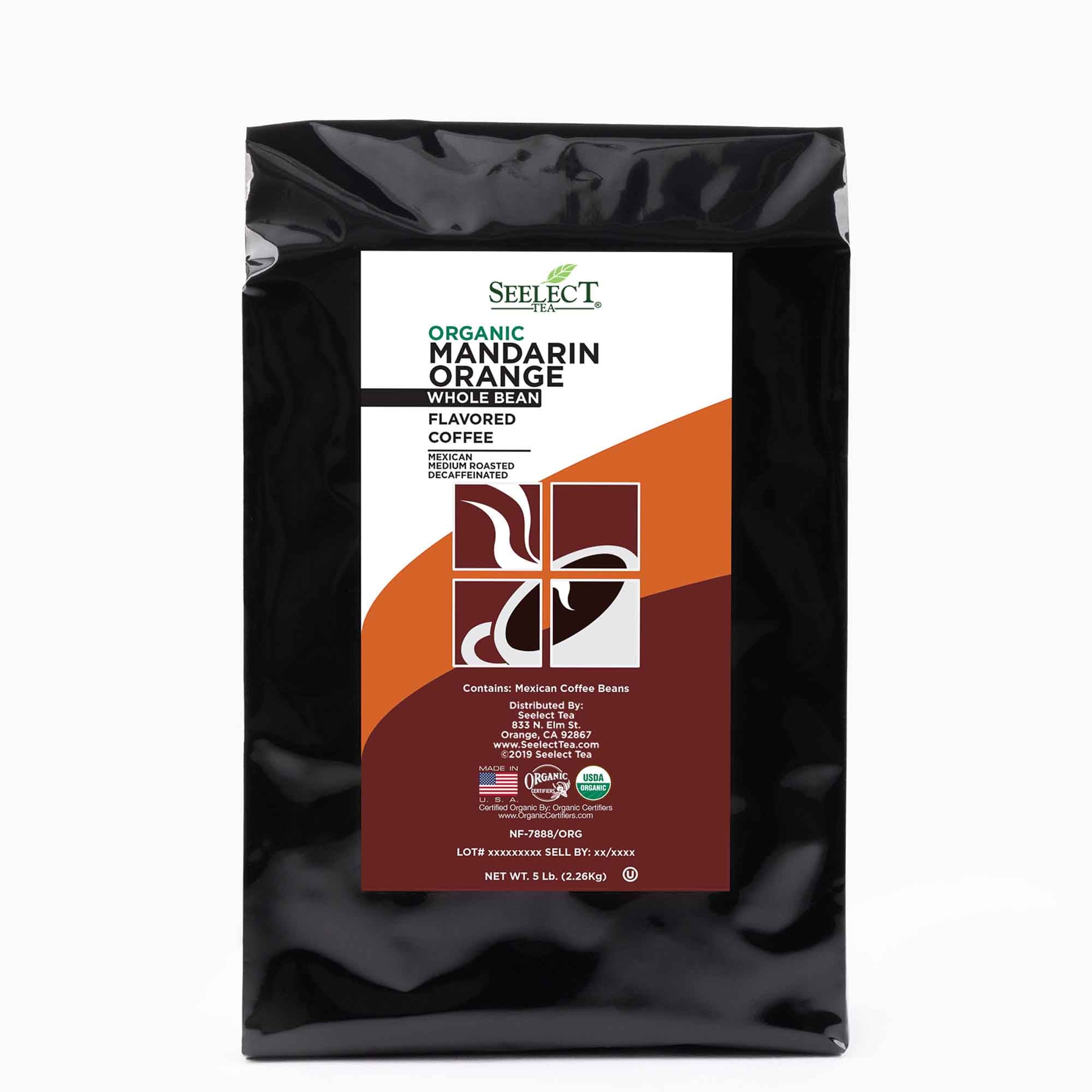 Package of Organic Decaf Mandarin Orange Flavored Coffee Beans