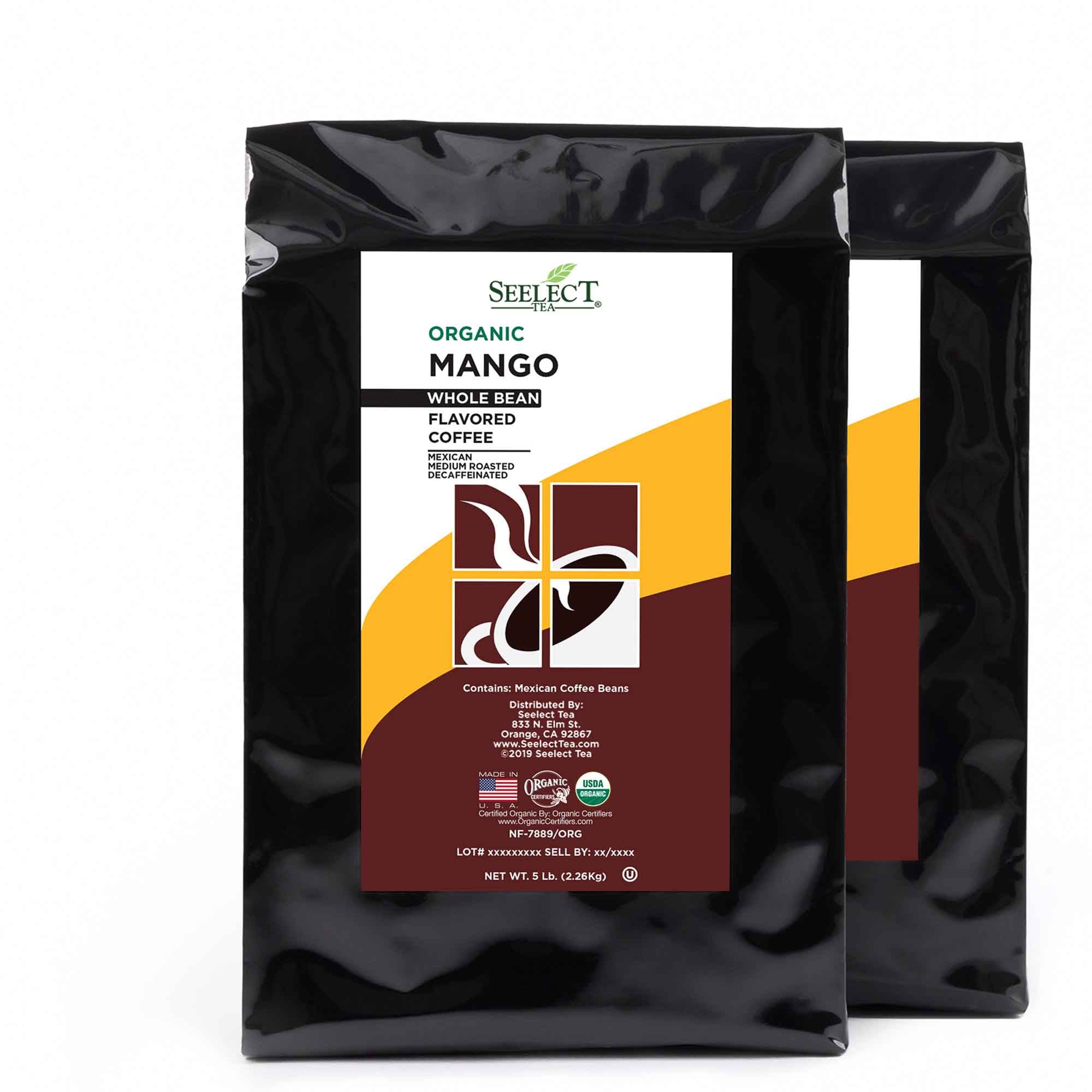 Package of Organic Decaf Mango Flavored Coffee Beans