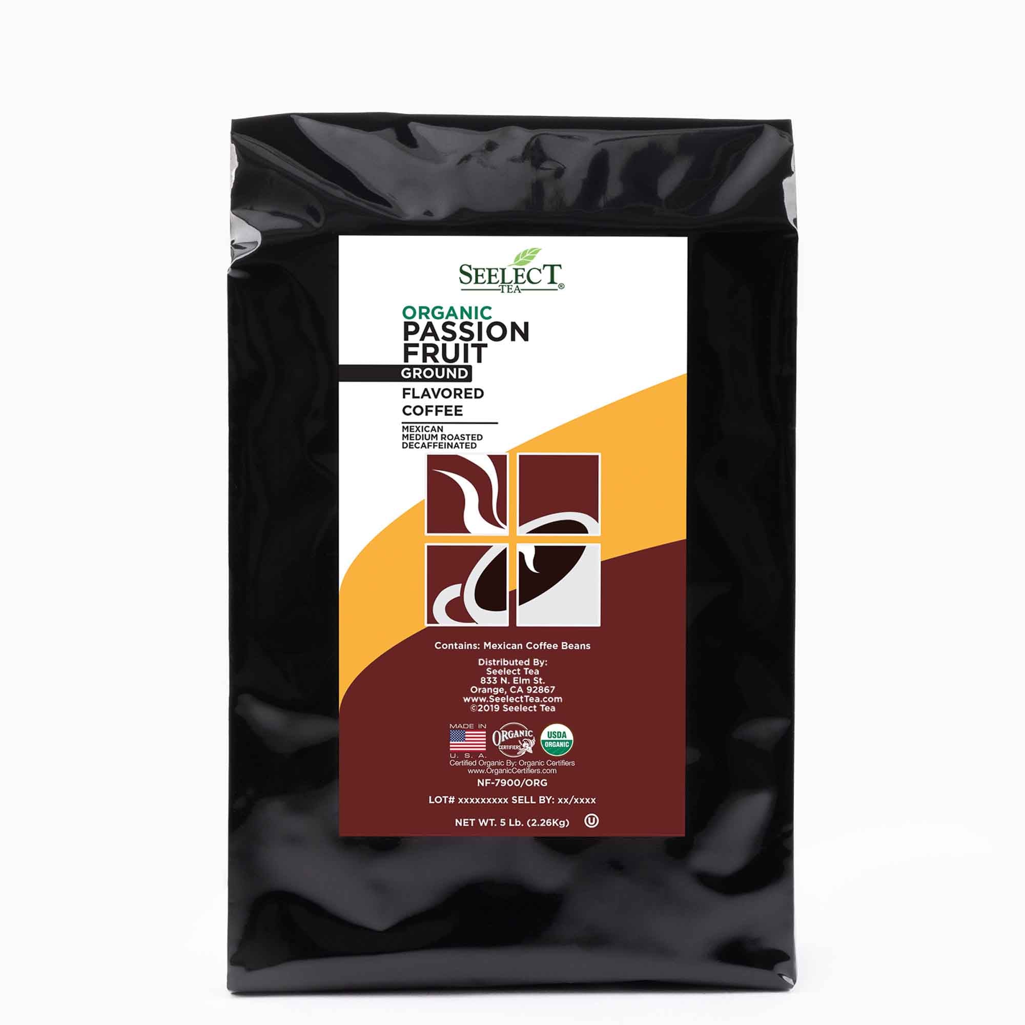 Package of Organic Decaf Passion Fruit Flavored Coffee Beans