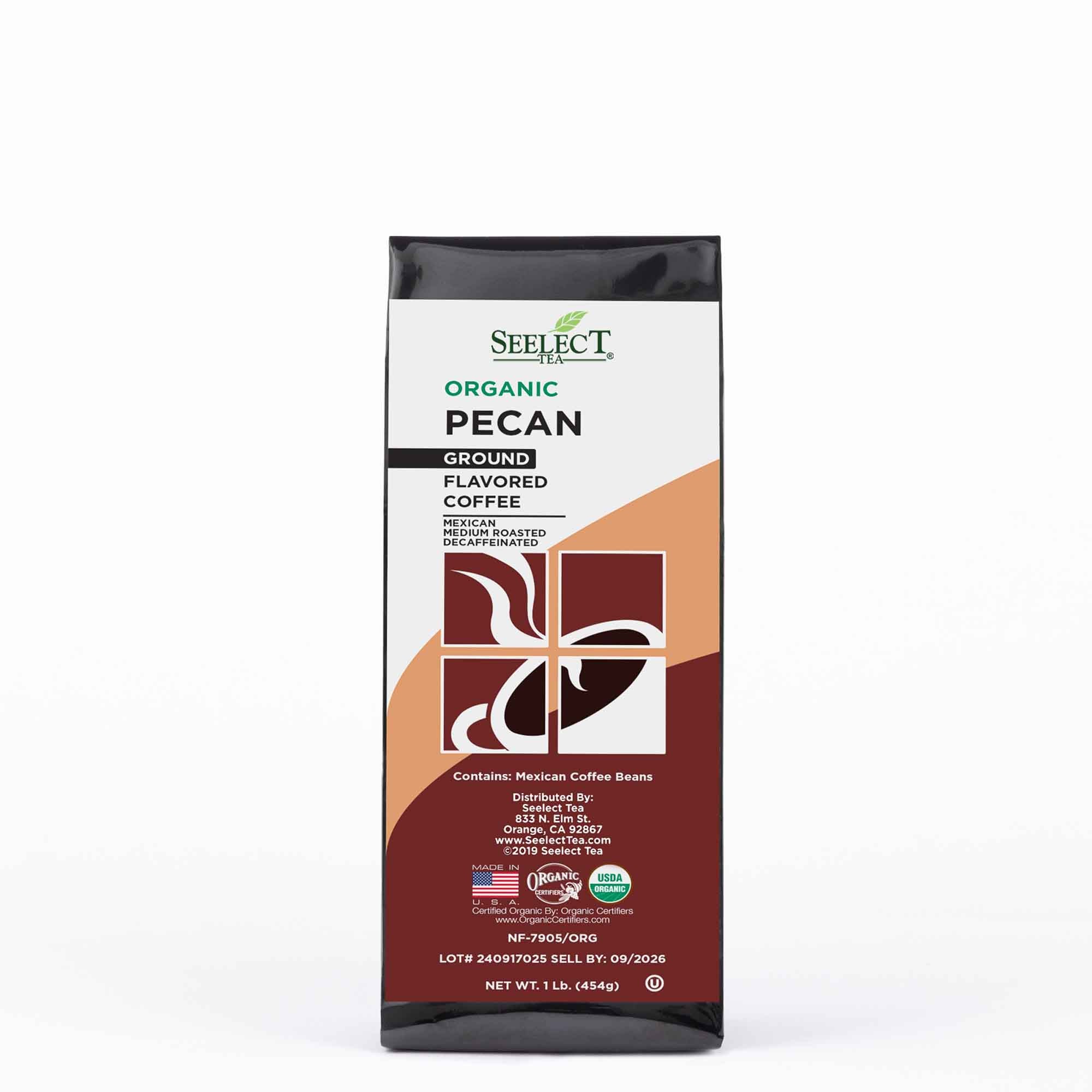 Package of Organic Decaf Pecan Flavored Coffee Beans