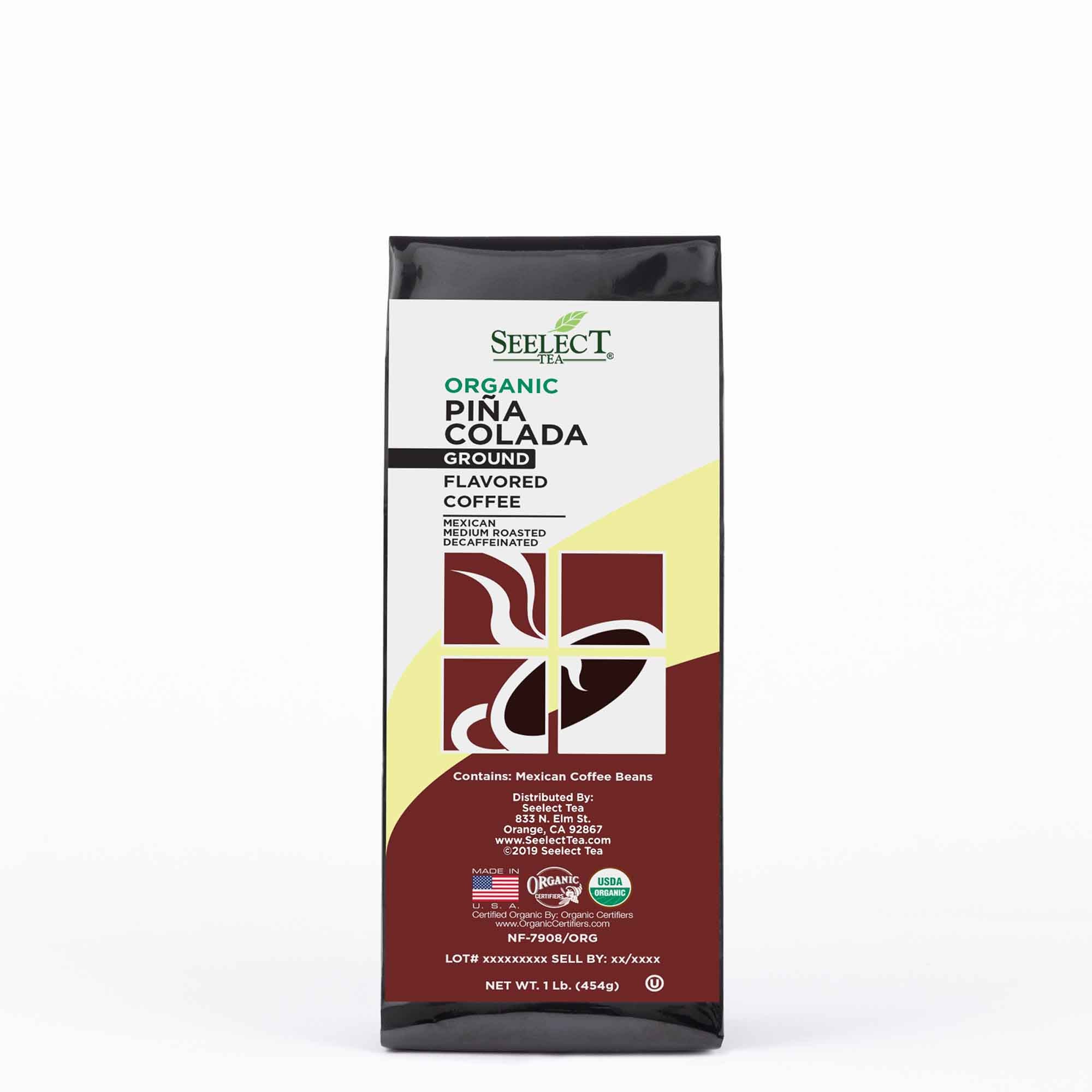 Package of Organic Decaf Pina Colada Flavored Coffee Beans