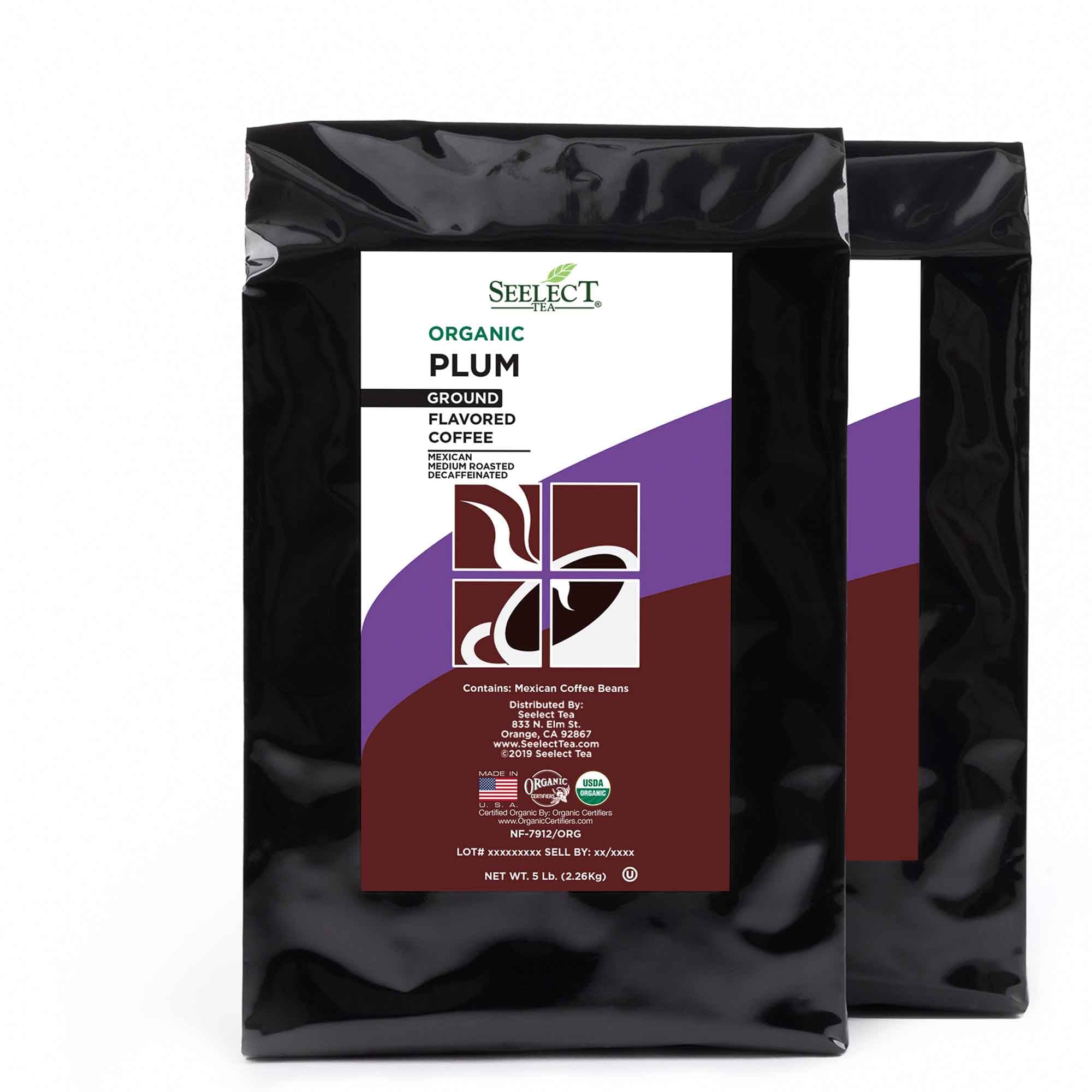Package of Organic Decaf Plum Flavored Coffee Beans