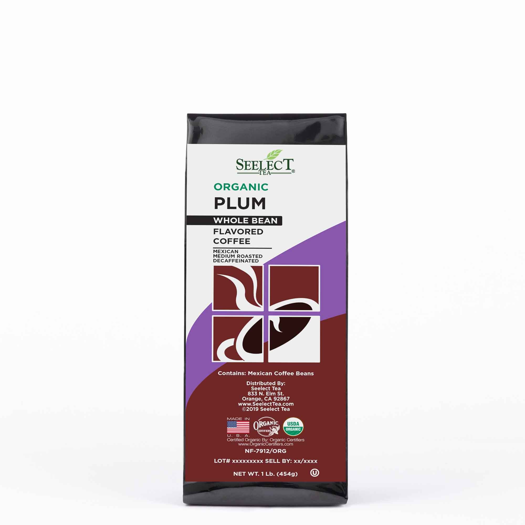 Package of Organic Decaf Plum Flavored Coffee Beans