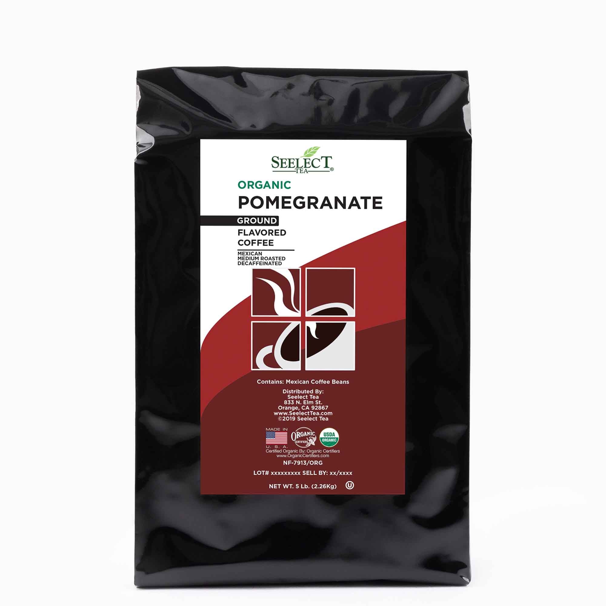 Package of Organic Decaf Pomegranate Flavored Coffee Beans