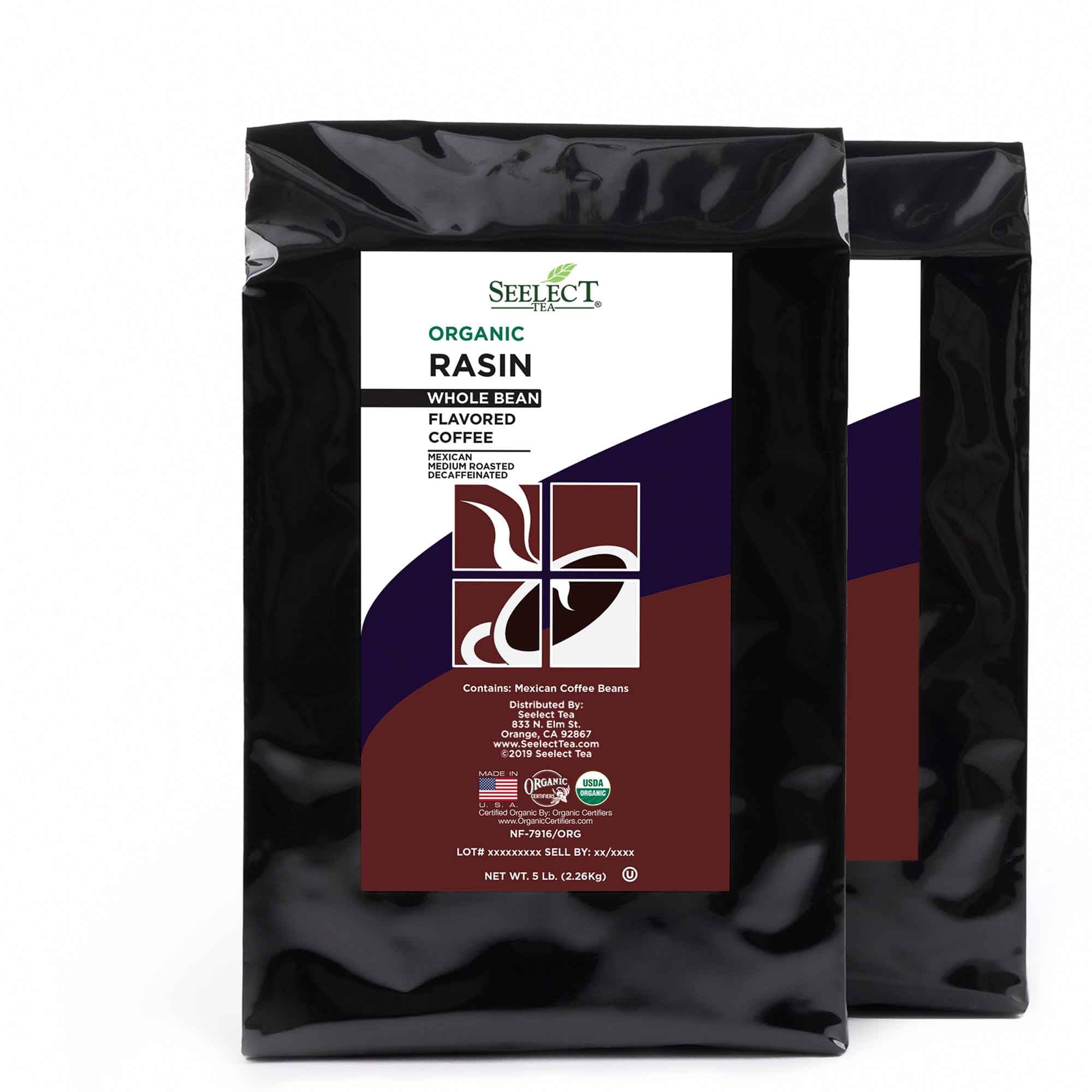 Package of Organic Decaf Raisin Flavored Coffee Beans