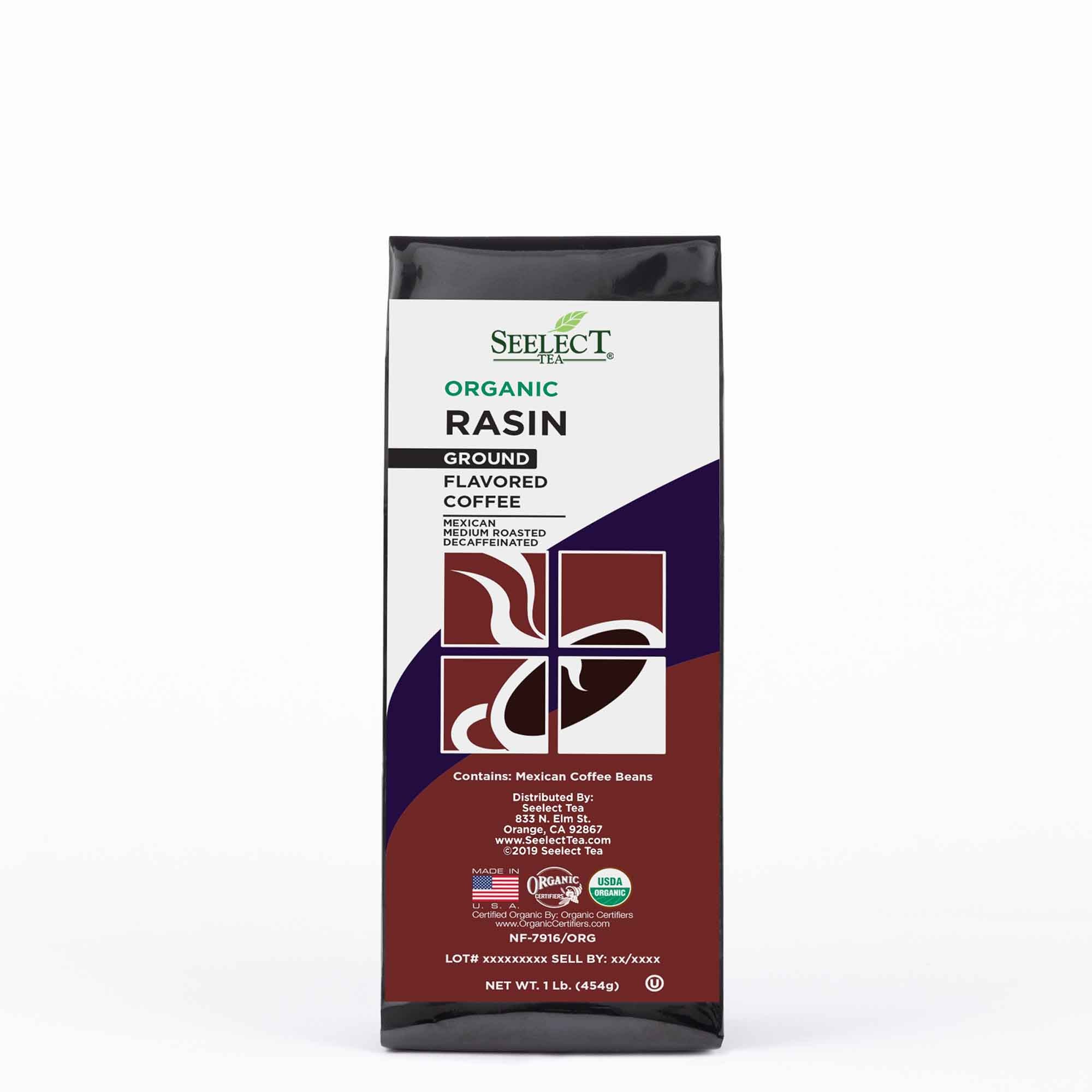 Package of Organic Decaf Raisin Flavored Coffee Beans