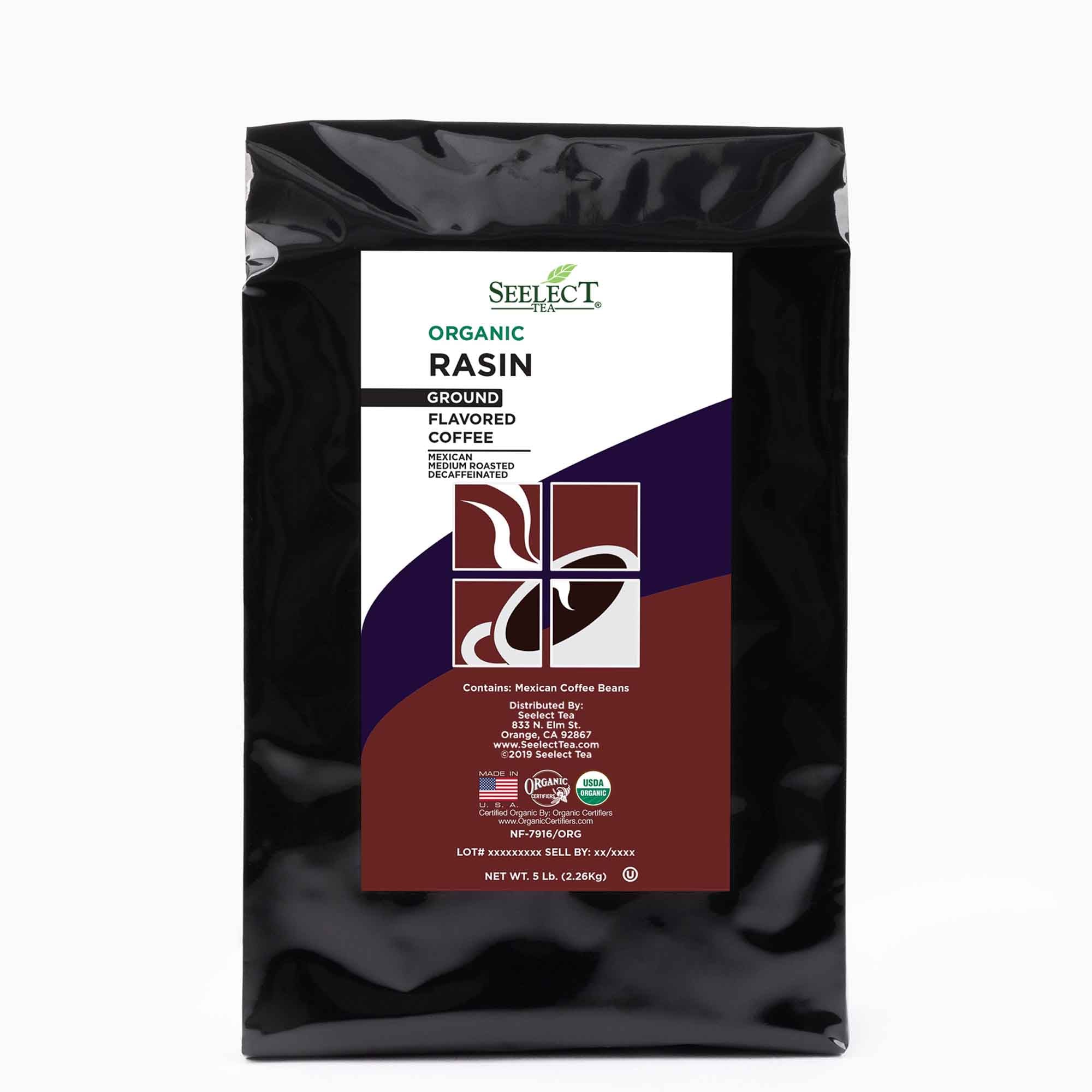 Package of Organic Decaf Raisin Flavored Coffee Beans