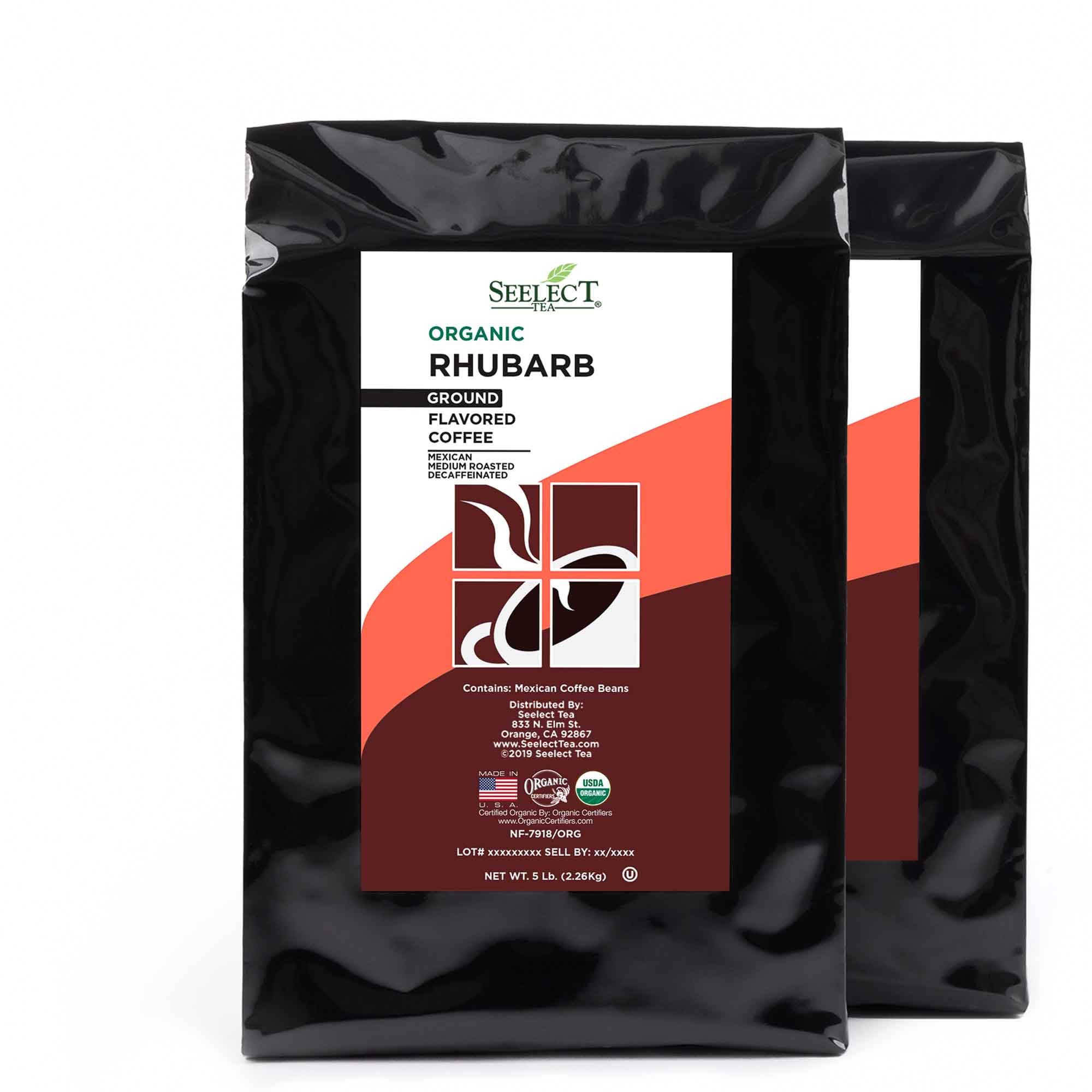 Package of Organic Decaf Rhubarb Flavored Coffee Beans