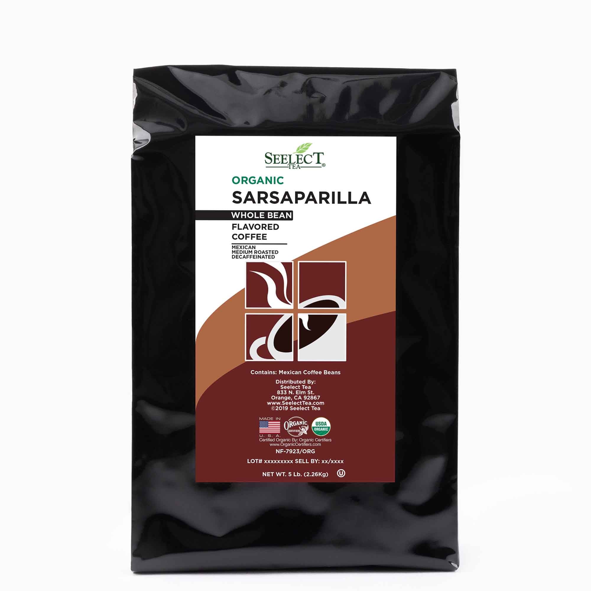 Package of Organic Decaf Sarsaparilla Flavored Coffee Beans