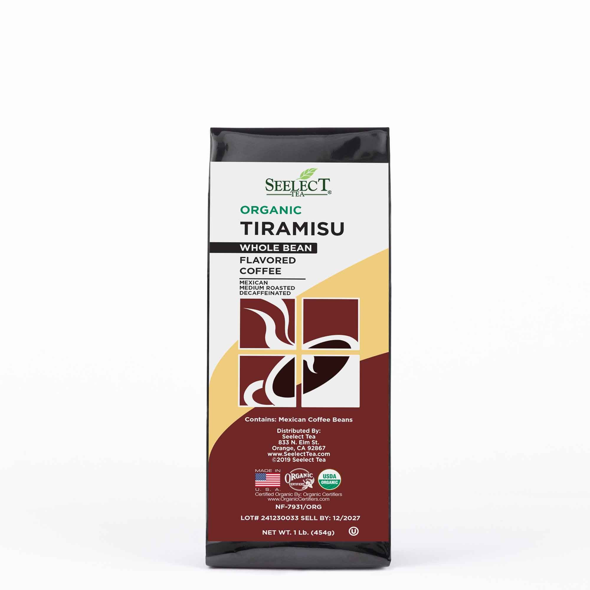 Package of Organic Decaf Tiramisu Flavored Coffee Beans