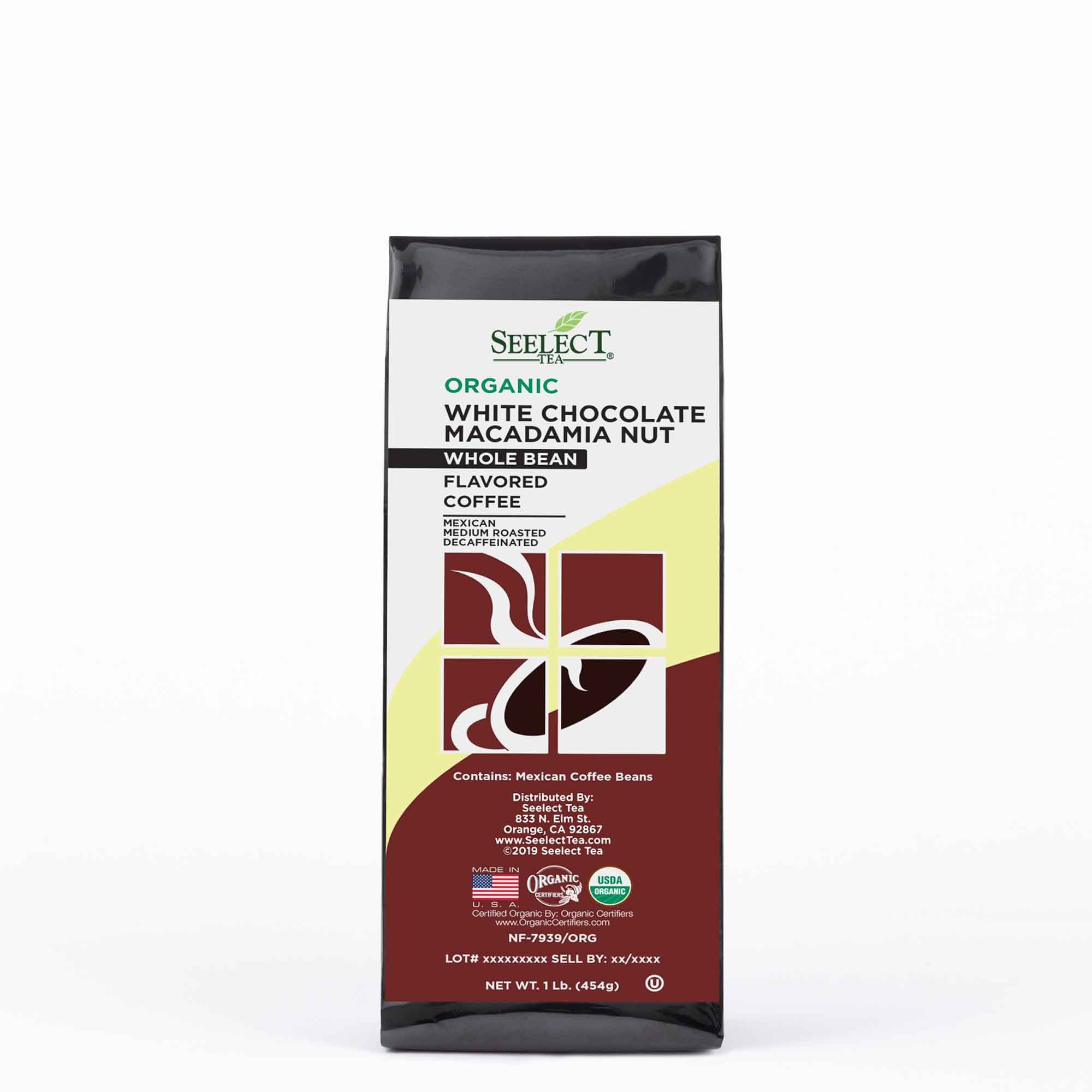 Package of Organic Decaf White Chocolate Macadamia Nut Flavored Coffee Beans