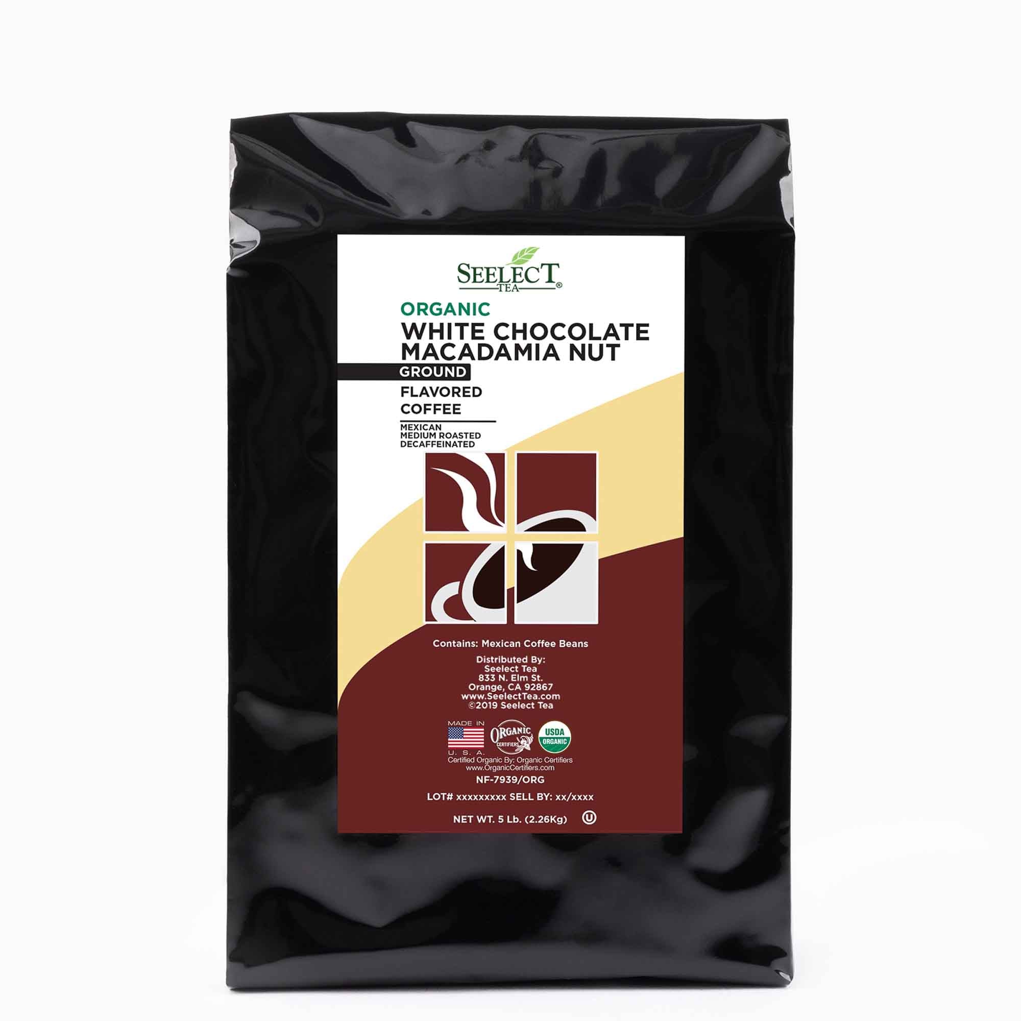Package of Organic Decaf White Chocolate Macadamia Nut Flavored Coffee Beans