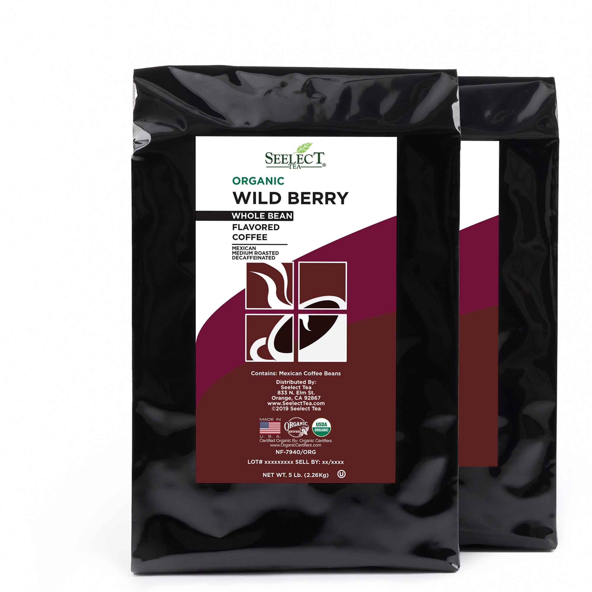 Package of Organic Decaf Wild Berry Flavored Coffee Beans